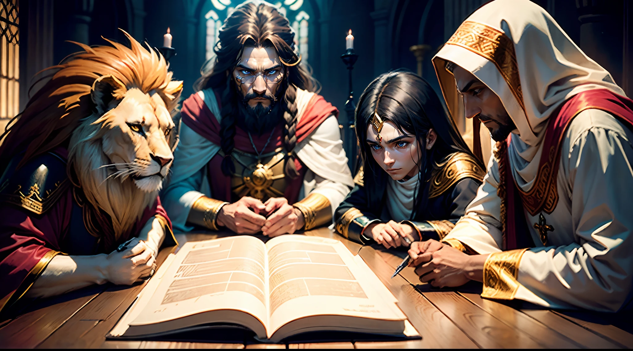 Um grupo de RPG com 4 personagem, uma elfa, a lion man, um sacerdote, um mago.