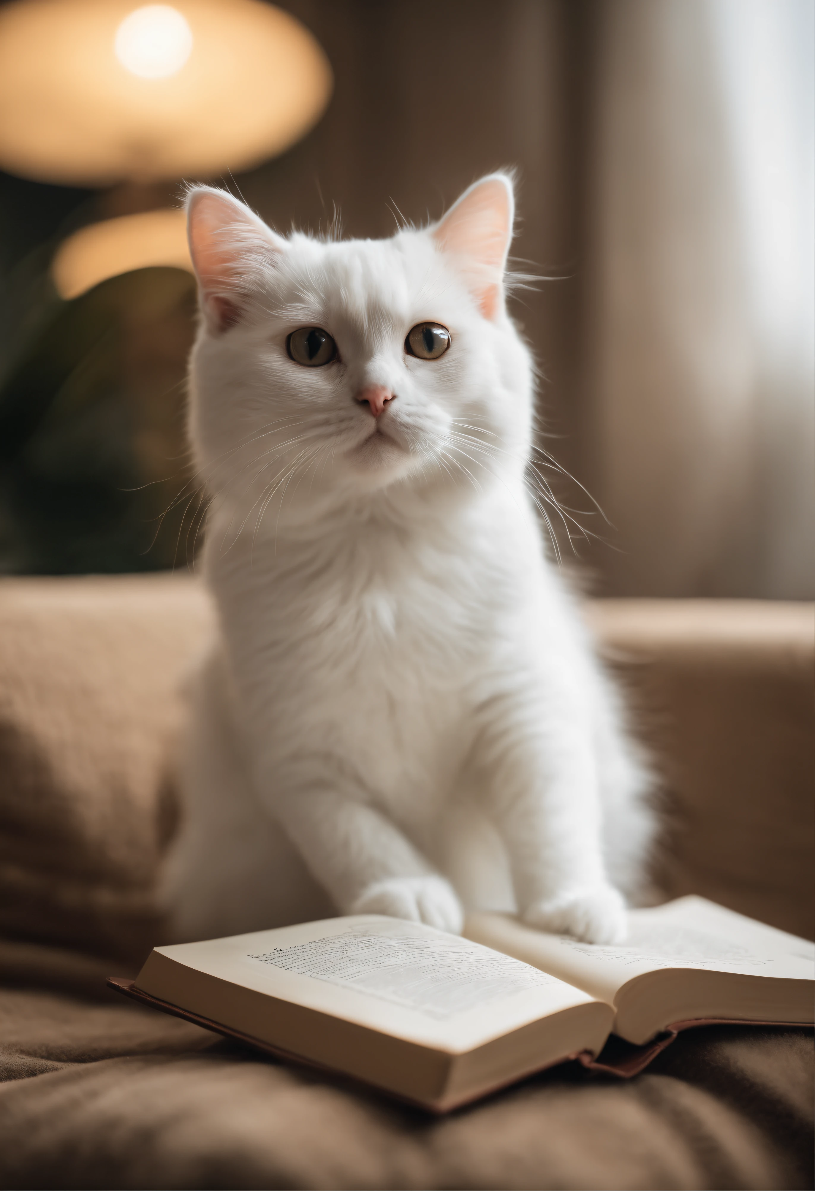 there is a cat on it, a cute little cat, The cutest kitten in history, Very beautiful and cute girl cat, Lewd and excited white cat, a cute little cat, Intelligent cat, an anthro cat, funny cat, cute kittens, And a sad cat. They read a book on the couch、Sitting on a chair. They are relaxing after a hard day. They are wearing pajamas.