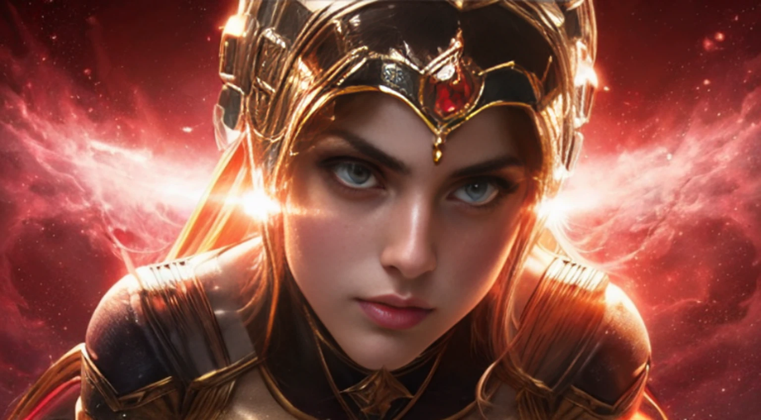 Sexy alexandra daddario as a beautiful female superheroine , olhos verdes cabelos castanhos, rabo-de-cavalo, camisa vermelha da colheita, com uma estrela dourada, wears a golden tiara on his forehead with a red gem on his head , Pulseiras de Ouro, Botas vermelhas longas, e pequenos shorts vermelhos fotografia de retrato por artgerm, no estilo do realismo, pele cintilante, Cartooncore, Mangacore, natural lighting, Defined full lips. Female body muscle fitness