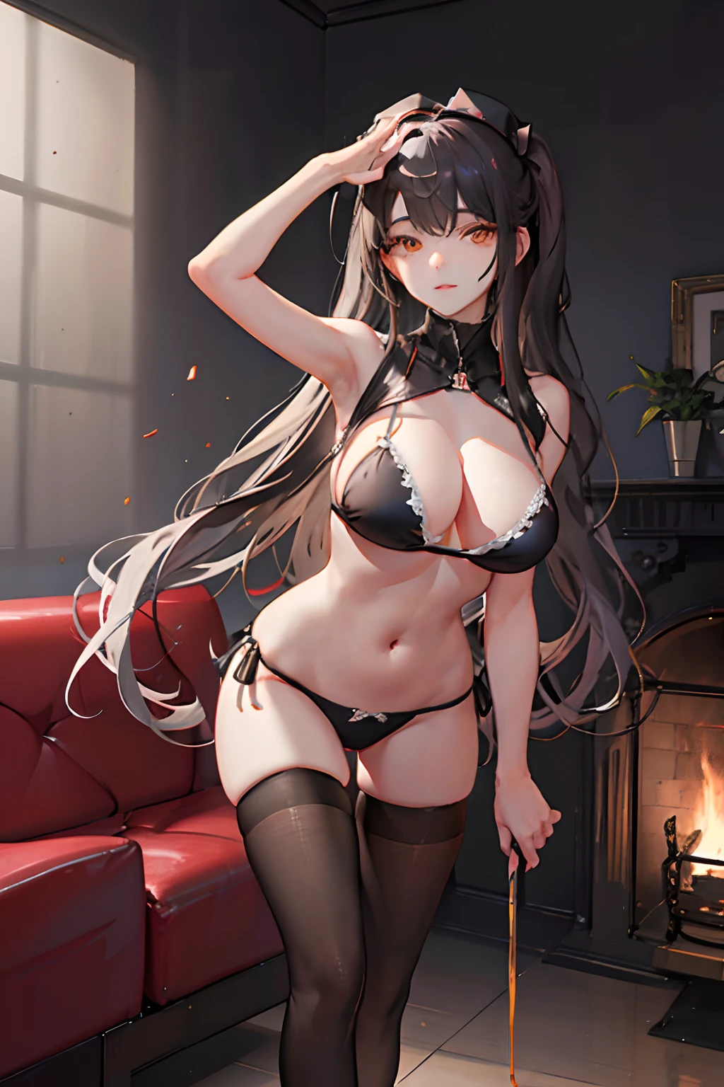 1个Giant Breast Girl!Ray traching,Best shadow,A high resolution(dim murky lights)detailedbackground(liveroom)Fluffy black hair,Sexy black stockings busty slim girl,Avoid golden eyes in the ominous living room(Breasts larger than the torso)(gigantic cleavage breasts)(Bikini clothes),It shows a delicate and slender figure and beautiful curves,Limbs with correct and reasonable position!hand behind head,Stand dignified,detail in face!Delicate facial features,Pay attention to the details of the position of the legs!Pay attention to hand details!high high quality!More eligible!Reduce errors!Painting is more elaborate,Ultra-detailed CG,The picture is more reasonable!Pay attention to finger details!8k wallpaper,tmasterpiece,Double pupil details!Reduce binocular differences!Limit the number of fingers!