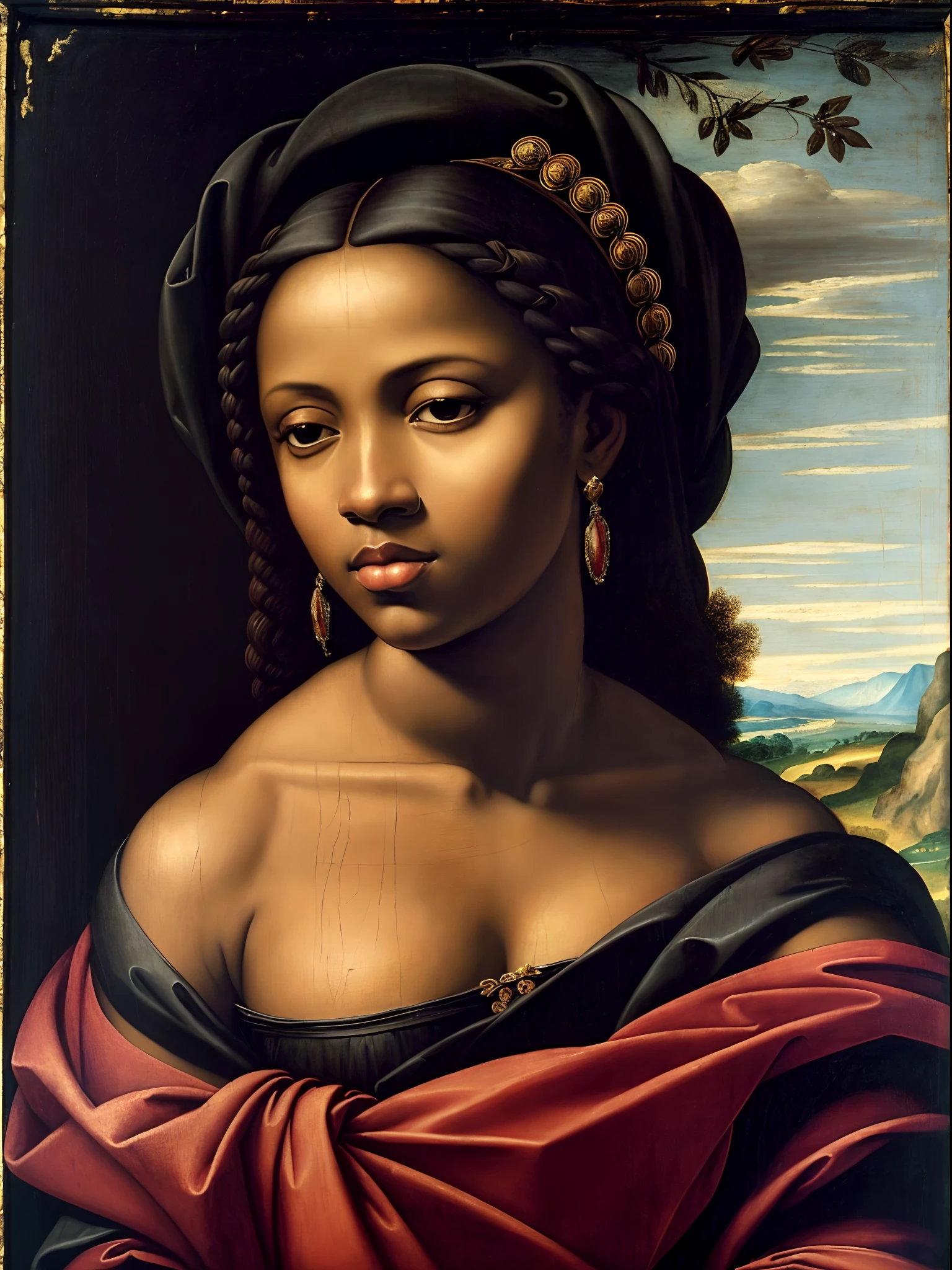 (Renaissance oil painting of a beautiful black woman:1.3), best quality, masterpiece, expressive, thrilling, 256k, epic, crepuscular lights, (by Michelangelo, by Rafael, by Rubens:1.2), chiaroscuro, best quality, masterpiece, (best hands), excellent, outstanding, breathtaking, gorgeous, top quality, 10/10, splendid, amazing, wonderful