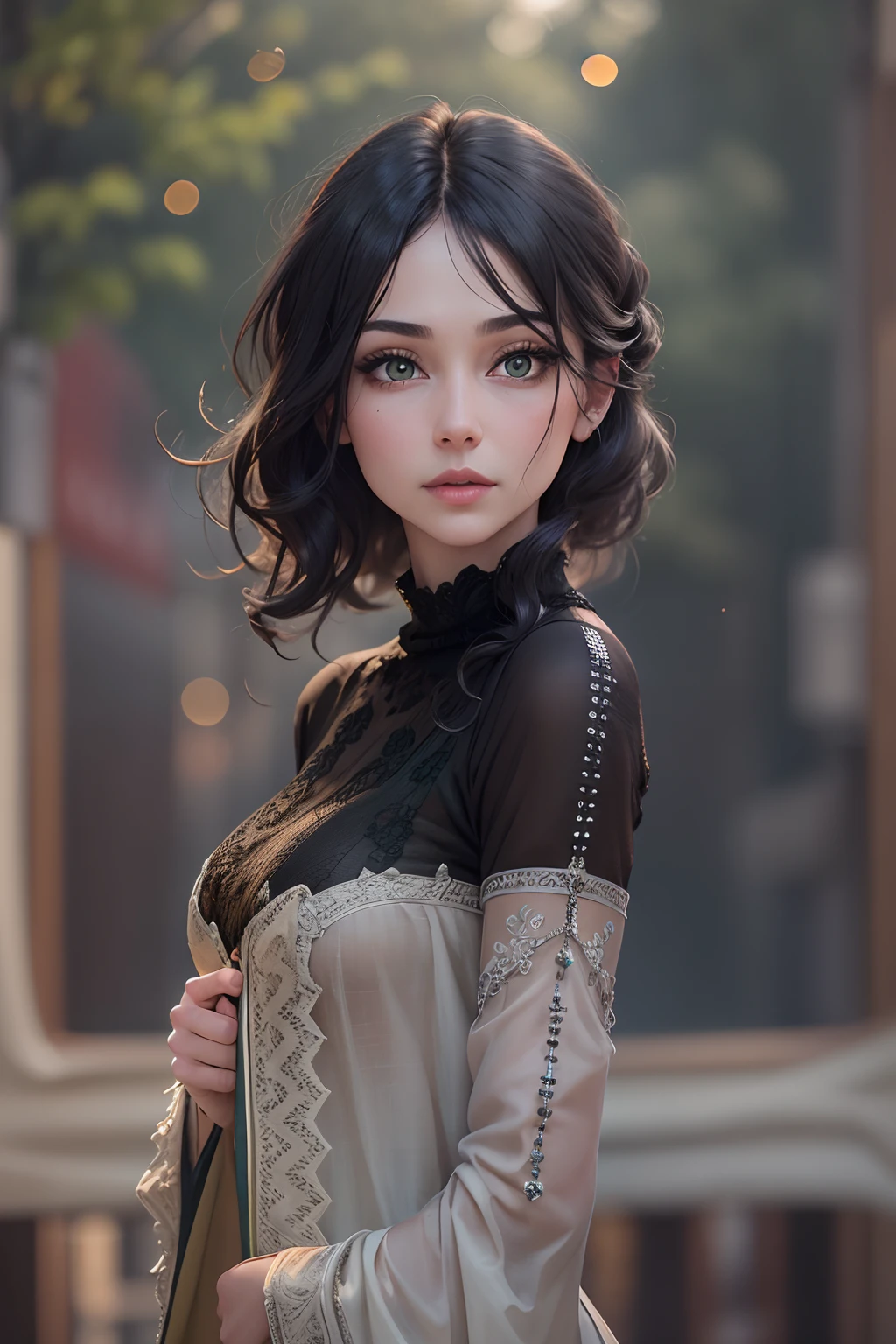 best quality,4k,8k,highres,masterpiece:1.2,ultra-detailed,realistic,photorealistic:1.37, vivid colors,soft lighting, HDR,UHD,studio lighting,extreme detail description,professional,bokeh,ultra-fine painting,sharp focus,physically-based rendering,walking in the street,urban landscape,round green eyes:1.1,beautiful detailed eyes,beautiful detailed lips,extremely detailed eyes and face,longeyelashes,black hair till waist,cubby body,cute:1.1,40 year old woman,brown turtle-neck full hand long gown