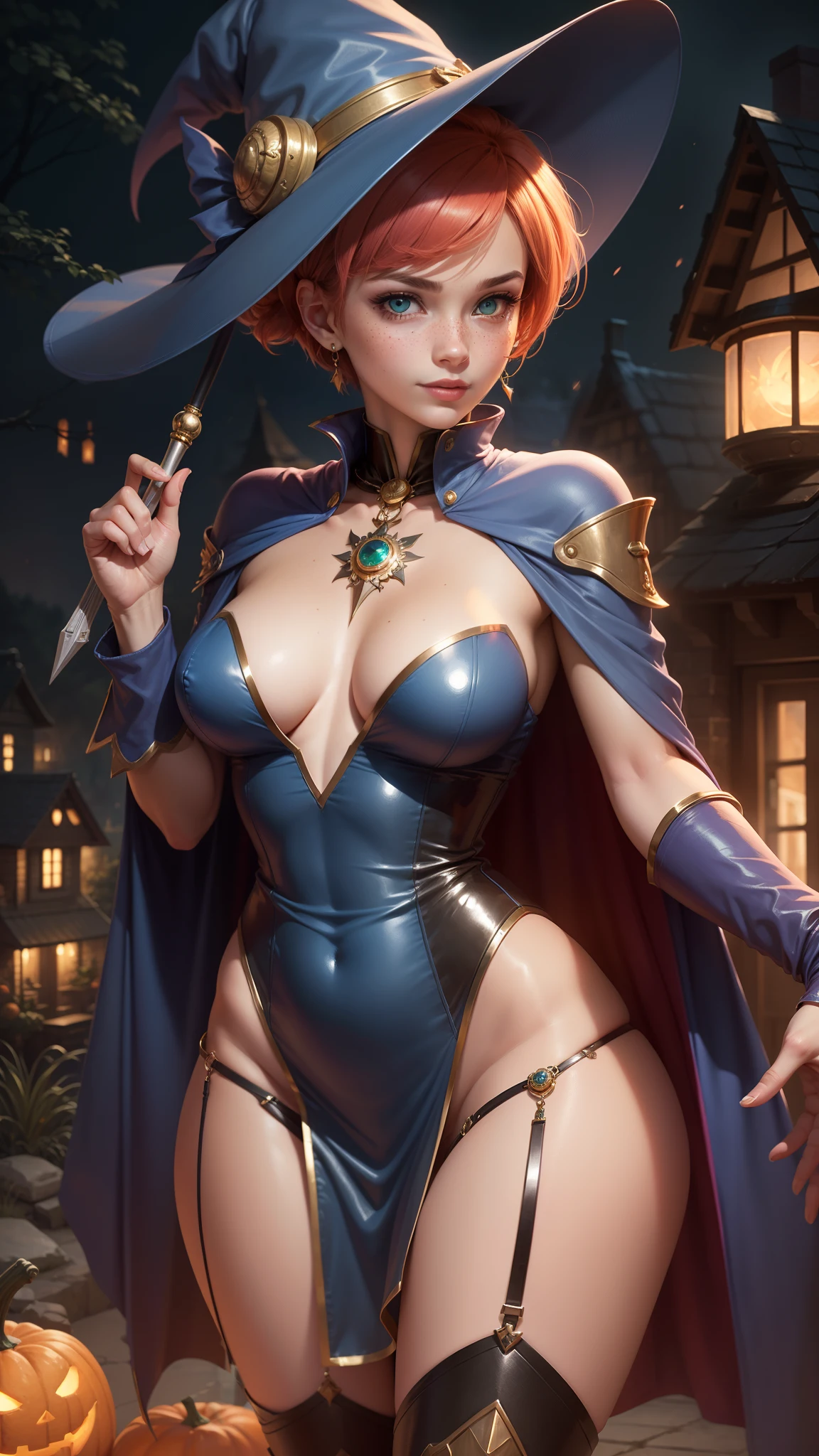 dark magician girl,gwen tennyson,tracer,bulma,rebecca chambers,Yu-Gi-Oh,solo girl,close up,moonlight,gold neck jewelry,body tattoos,short pink skirt,garter belt,short hair,blue witch hat,blue magician girl dress,magician girl robe,holding a wand,pumpkin village,pink magician girl cloak,silver earrings,halloween forest,glowing pumpkin,green eyes,orange hair,shy smile,freckles,redhead,beautiful girl, large breasts,thigh high boots,ultra detailed,realistic,fantasy art,