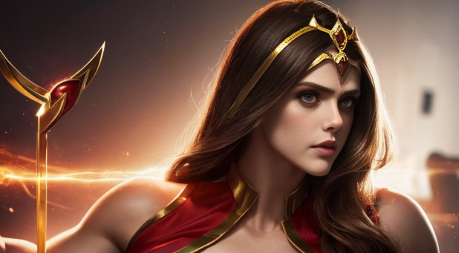 Sexy alexandra daddario as a beautiful female superheroine , olhos verdes cabelos castanhos, rabo-de-cavalo, camisa vermelha da colheita, com uma estrela dourada, wears a golden tiara on his forehead with a red gem on his head , Pulseiras de Ouro, Botas vermelhas longas, e pequenos shorts vermelhos fotografia de retrato por artgerm, no estilo do realismo, pele cintilante, Cartooncore, Mangacore, natural lighting, Defined full lips. Female body muscle fitness