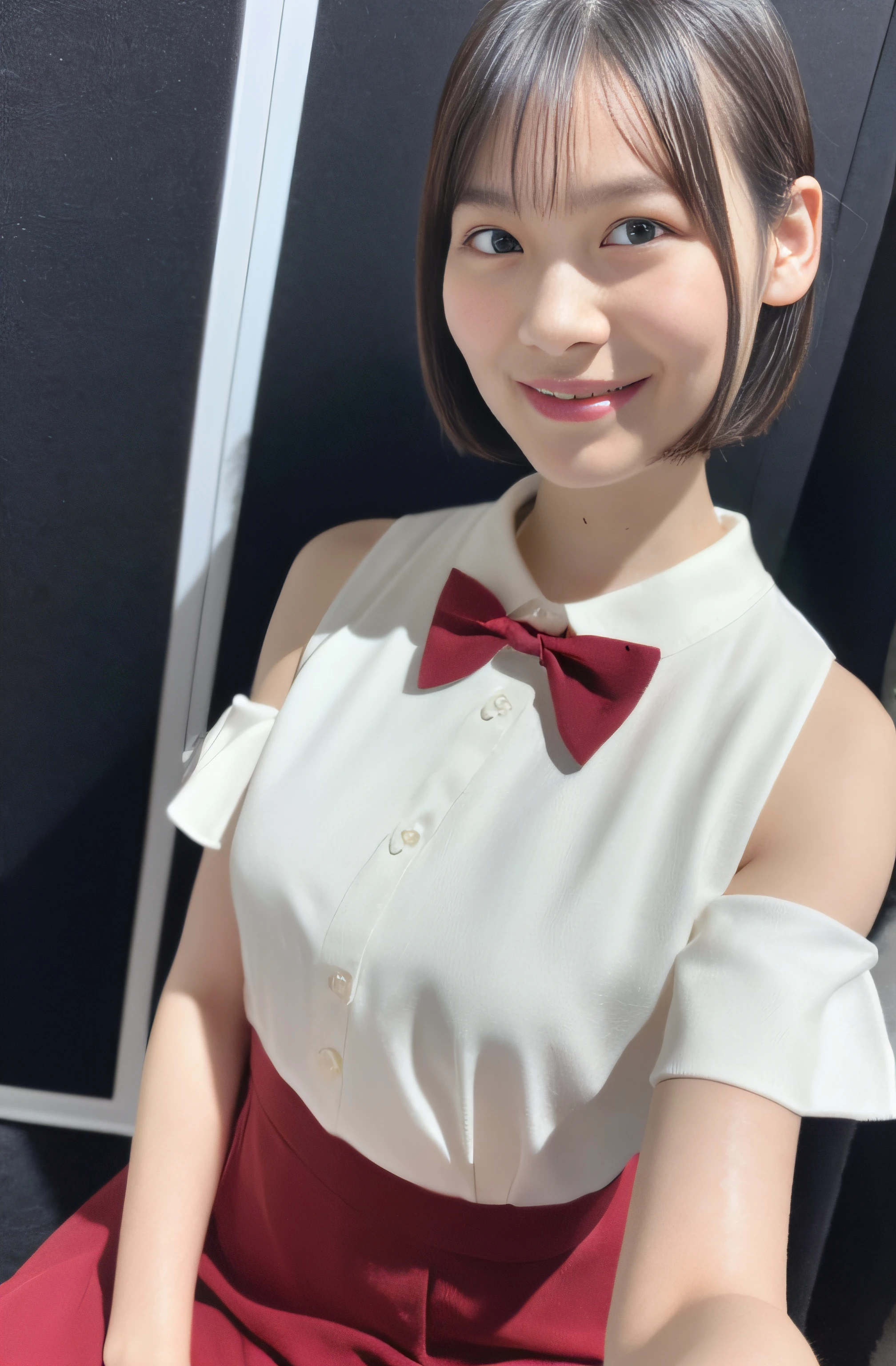 (in 8K, Raw photo, Best Quality, masters:1.2), (Realistic, Photorealsitic:1.37), ultra-detailliert, Cute, Solo, Beautiful detailed sky, Detailed face, Sitting, Dating, (Blushing), (Smile: 1.1), (Shut up), Big breasts, Beautiful delicate eyes, buttoned undone, (Collar shirt: 1.1), a bow tie, Pleated skirt, (Short bob hair: 1.2), Flowing hair, long eyelashes, eye shadow, a small face, Big eyes, Full body shot, Bare shoulders, A slight smil