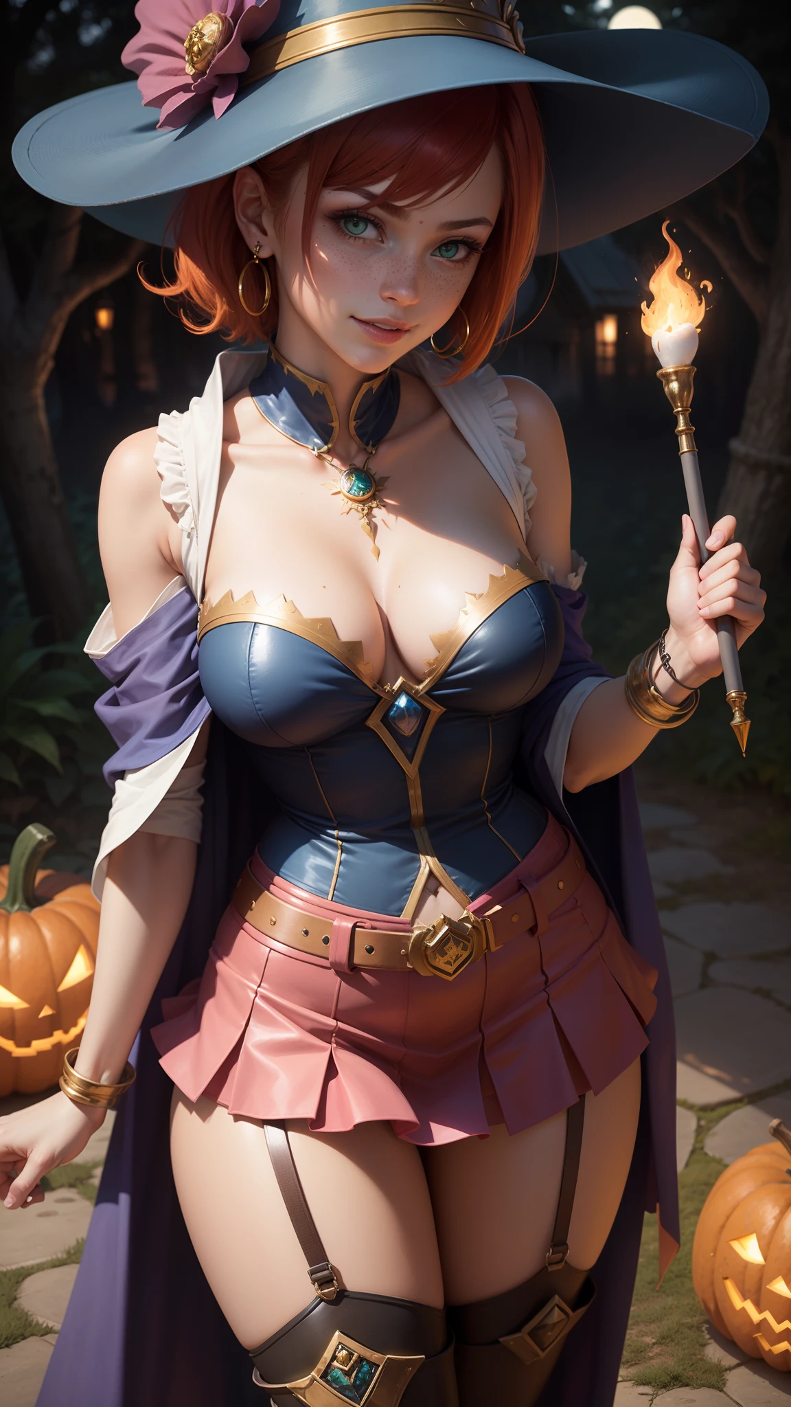 dark magician girl,gwen tennyson,tracer,bulma,rebecca chambers,Yu-Gi-Oh,solo girl,close up,moonlight,gold neck jewelry,body tattoos,short pink skirt,garter belt,short hair,blue witch hat,blue magician girl dress,magician girl robe,holding a wand,pumpkin village,pink magician girl cloak,silver earrings,halloween forest,glowing pumpkin,green eyes,orange hair,shy smile,freckles,redhead,beautiful girl, large breasts,thigh high boots,ultra detailed,realistic,fantasy art,