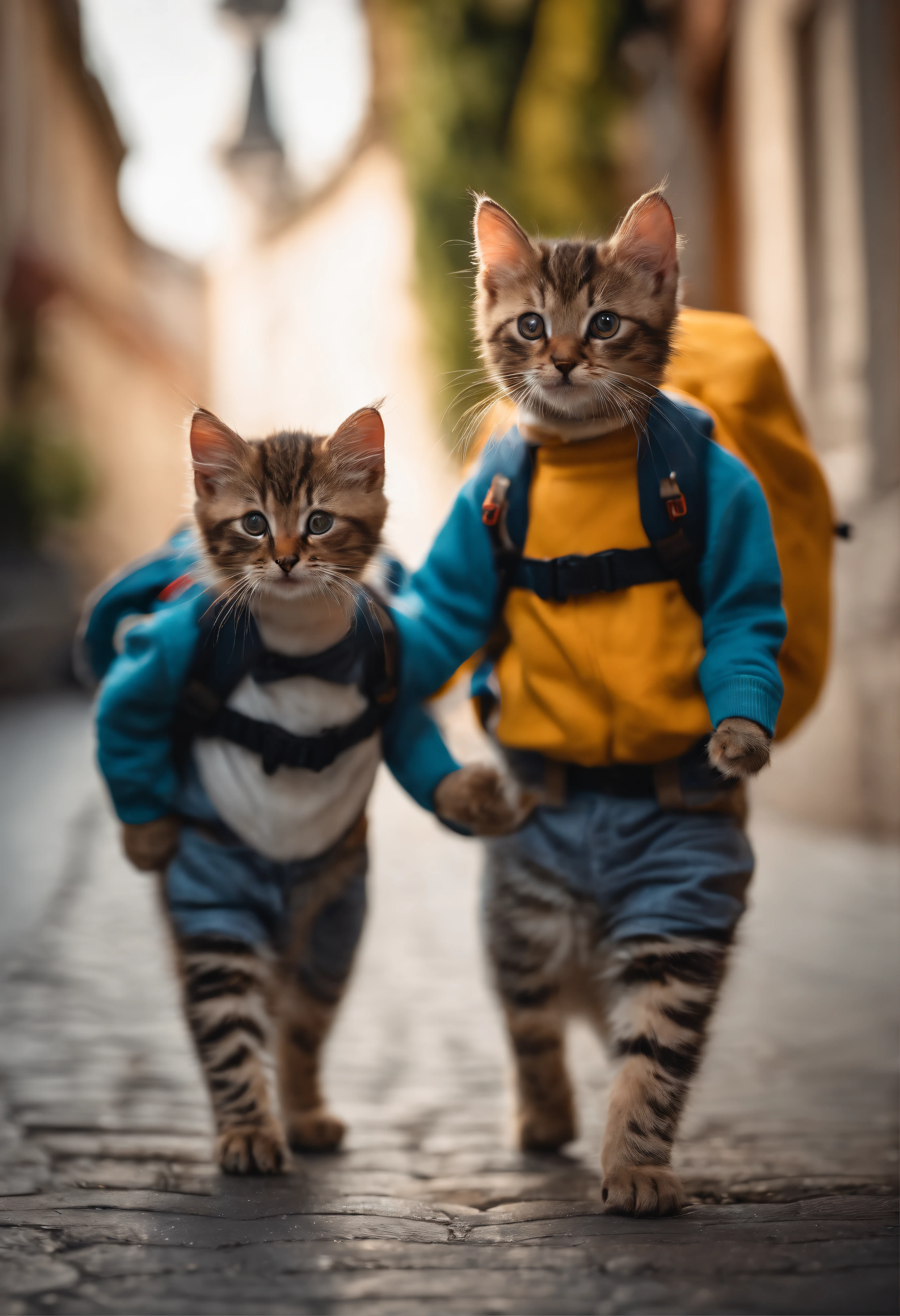 There are two small kittens, cute cats, cute kittens, the cutest, unbelievably cute, adorable and cute, and cute and nice. They are walking down the street with backpacks, walking together, commuting, walking proudly down the street, and the cats are walking. They are cute in the style of 🍂 and 🍁, adorable and cute, cute and adorable, oh, nice and cute. They are known as the real-life Tom and Jerry.