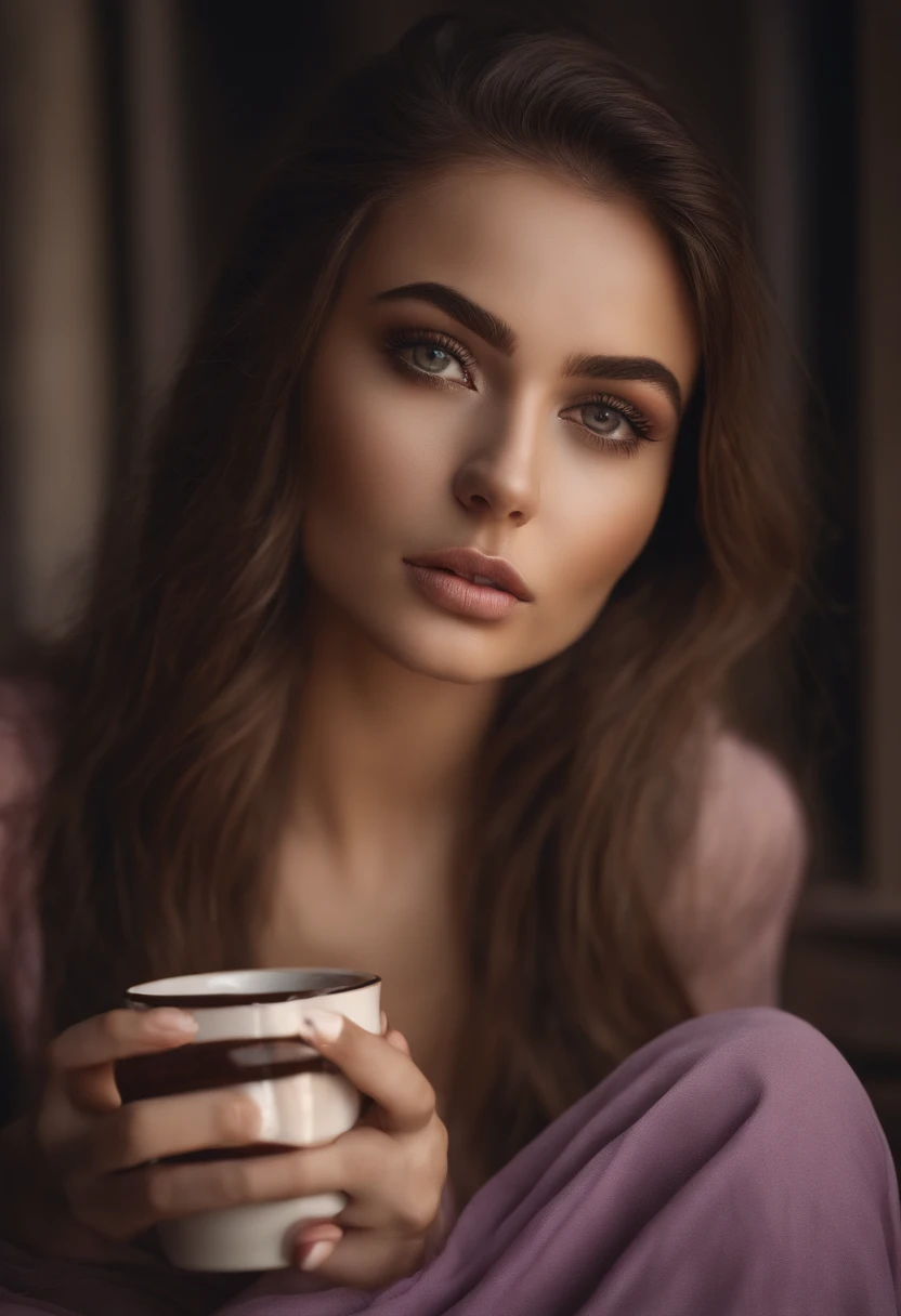 Arafed woman completely , fille sexy aux yeux bruns, ultra realist, Meticulously detailed, Portrait Sophie Mudd, cheveux bruns et grands yeux, selfie of a young woman, Dubai Eyes, Violet Myers, sans maquillage, maquillage naturel, looking straight at camera, Visage avec Artgram, Maquillage subtil, Great photo of the whole body drinking a medium to large bust coffee