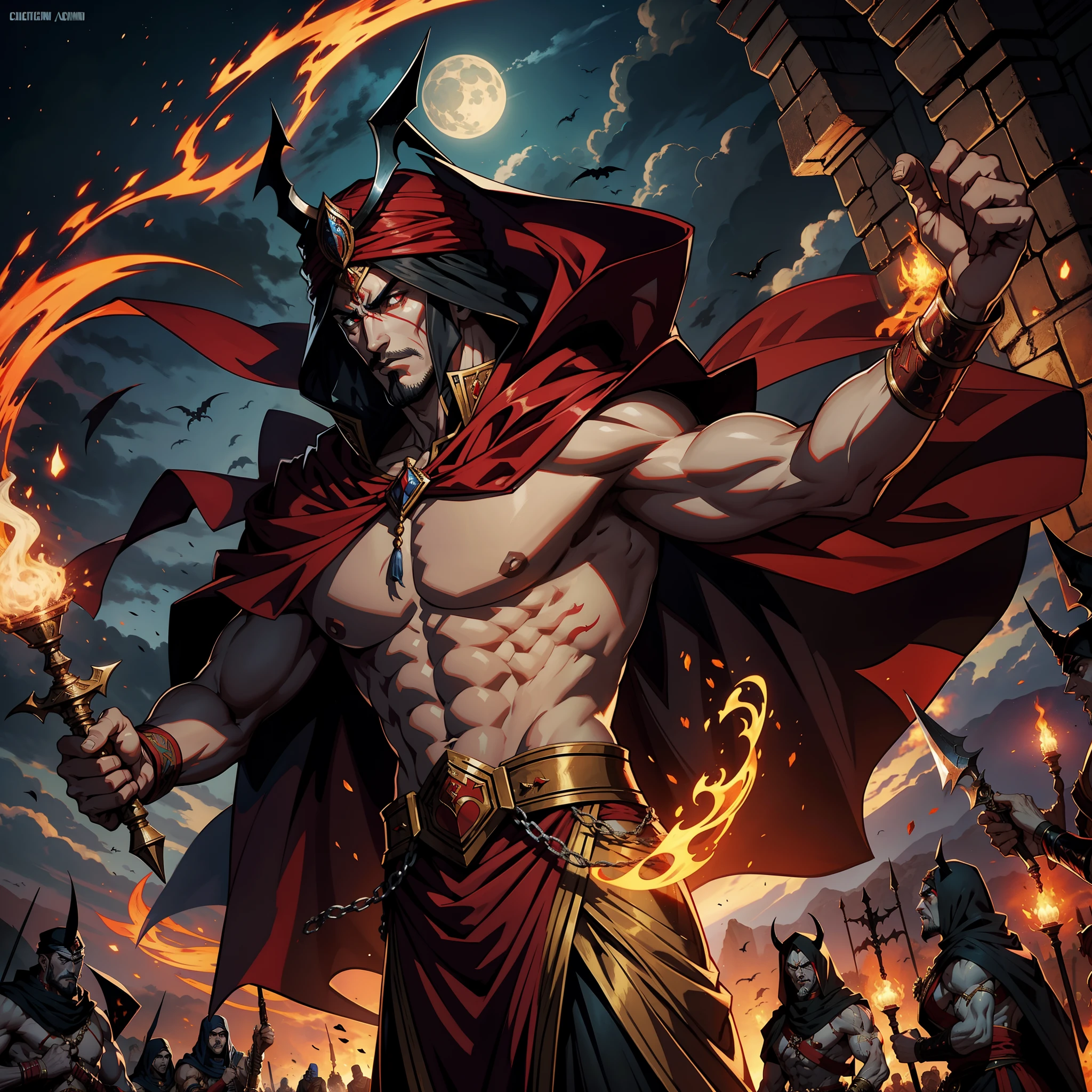 Moroccan Arab Lord Dracula Muscle, Fearless, Handsome Scary Man Leading an Army of Djinns 10 Djinns Around Him War Battle Atmosphere