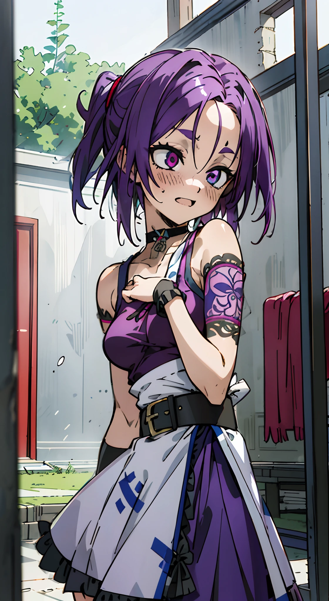 Masterpiece, Best quality, Ultra-detailed, Colorful,take up close, Hyper-detailing,purple color hair, Ultra-realistic hair quality, Vibrant colors, Beautuful Women, Beautiful long hair, Shiny hair, detailed hairs, reo mikage, bluelock, no sleeves, camisole and cheongsam, chinese clothes, chest exposure, lace underwear, the kinky is exposed, choker, black choker, arm warmer, Relative area, a belt, The tattoo, arm tattoos, Dragon tattoo, body tattoo, face tattoo, Sexy breasts, Big breasts, red blush, 1girl in, Solo, sharpy face, heterochromia, green eyes, purple eyes, Bare neck, happiness face, opened mouth