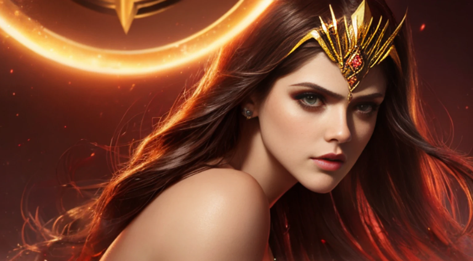 Sexy alexandra daddario as a beautiful female superheroine , olhos verdes cabelos castanhos, rabo-de-cavalo, camisa vermelha da colheita, com uma estrela dourada, wears a golden tiara on his forehead with a red gem on his head , Pulseiras de Ouro, Botas vermelhas longas, e pequenos shorts vermelhos fotografia de retrato por artgerm, no estilo do realismo, pele cintilante, Cartooncore, Mangacore, natural lighting, Defined full lips. Female body muscle fitness