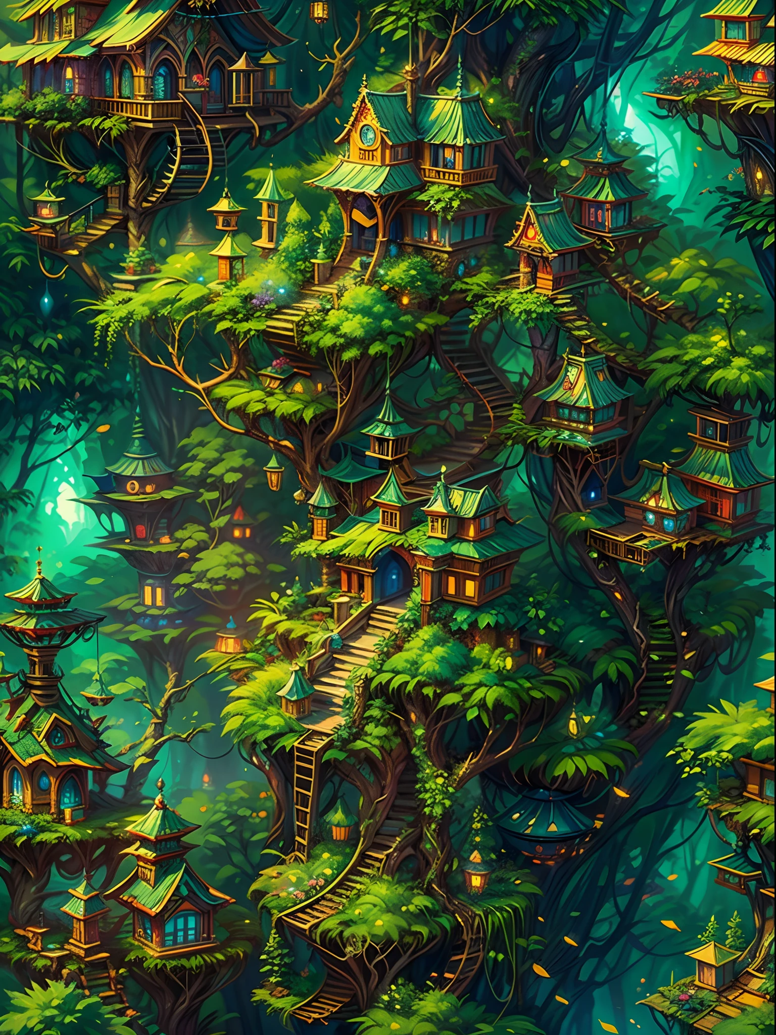 (best quality,ultra-detailed),(fantasy,imaginary) elven city,jungle,wide shot,far shot, aerial view,(magical,enchanted) world tree,tree houses,(natural magic,mystical powers),vibrant colors,(ethereal,otherworldly) lighting
