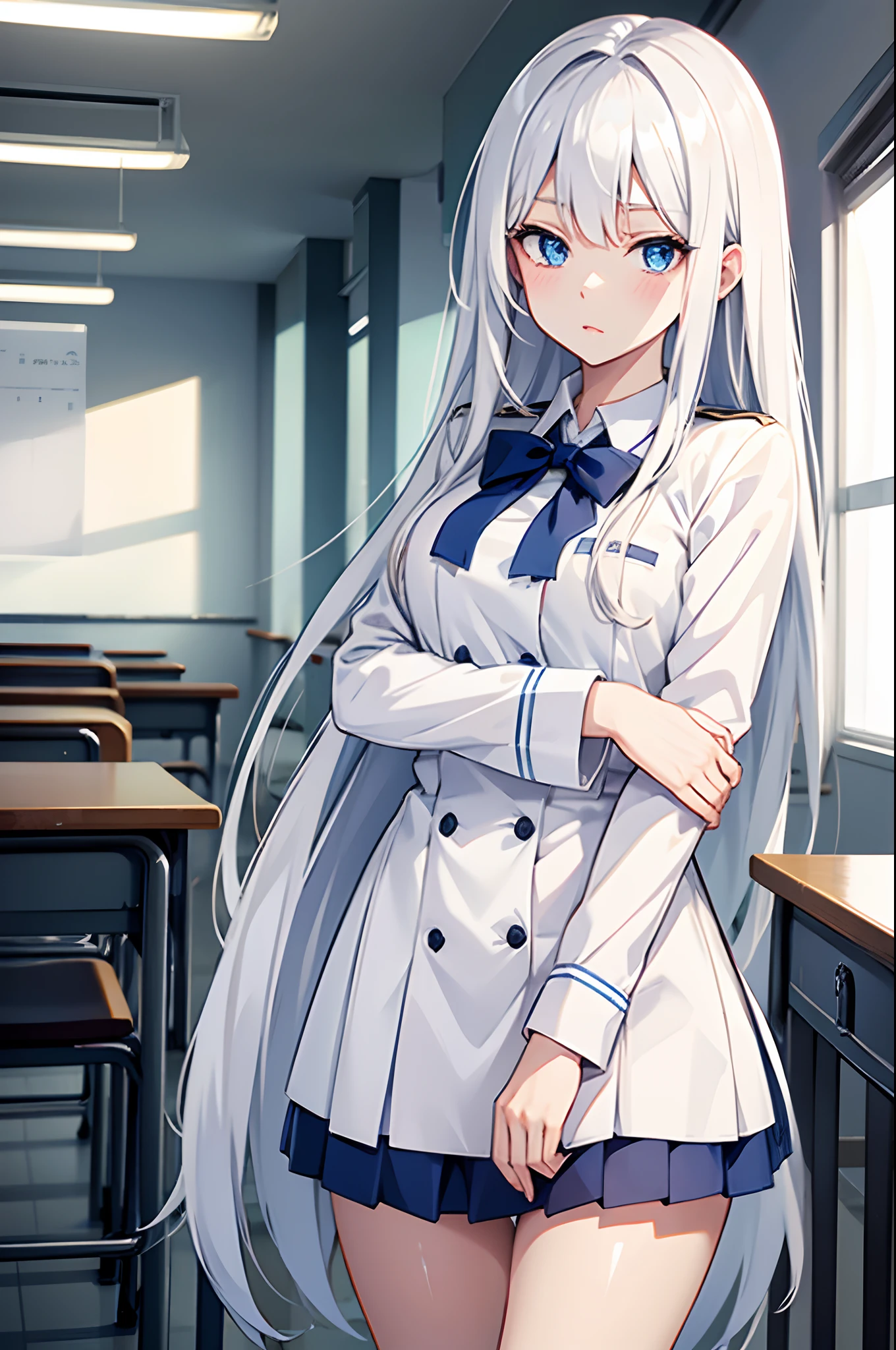 anime, white skin, white hair long, blue eyes, school uniform,classroom