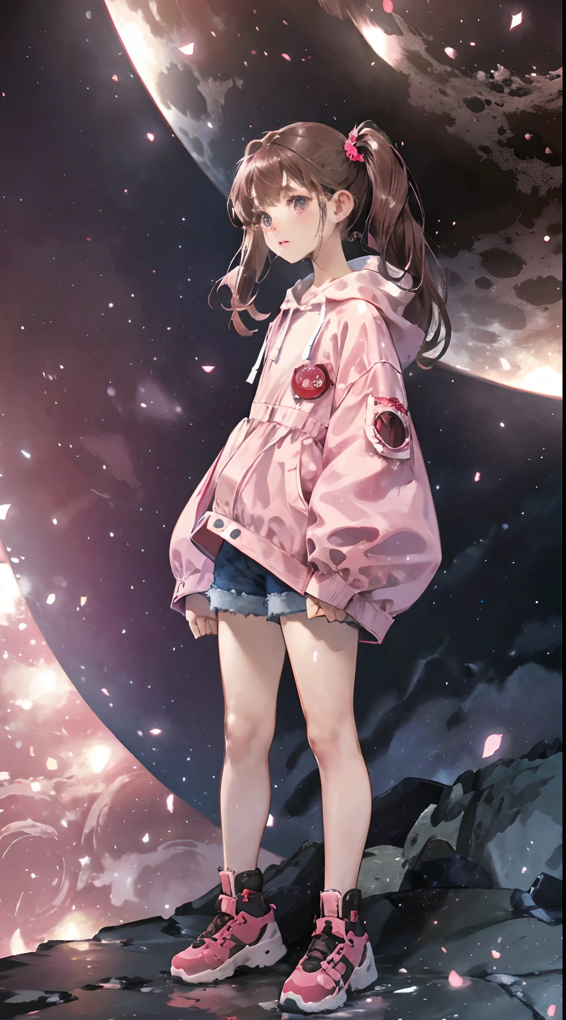 (Best Quality,4K,High resolution), 18yo woman, Pink mesh hair on brown hair, long twin tail hair  , Comical appearance，(Best Quality,4K,High resolution), 18yo woman, Pink highlights on brown hair, Longhair, Twin-tailed,Twin-tailed hair，(Best Quality,4K,High resolution),Beautiful eyes ,big eye，Red glowing eyes，Facial expression enhancement，Delicate illustrations drawn in detail，Intricately decorated hooded long jacket，pink and red color scheme，Denim shorts，cross belt，Realistic portrayal，Vibrant colors，expresive，Classic background(Best Quality,4K,High resolution), Comical appearance，(Best Quality,4K,High resolution), 18yo woman, Pink highlights on brown hair, Long twin tails,  Pretty Woman,Beautiful eyes ,kawaii eyes，comic strip，animesque，Deformed cute illustration，Full body projection，Looking down at the camera angle from above，Stand on a moonlit hill