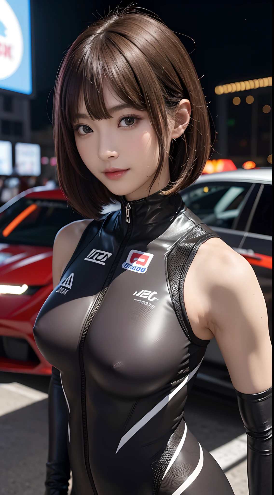 {8K photo quality:1.2}、{ultra-high resolution photo quality:1.2}、{Ultra-realistic1.2}、{perfect limb}、{japanes}、masterpiece、nsfw、1femele、solo、she is race-queen、she Wearing a metalic dark gray catsuit with many many sponsors logo、{her suits with a lot of sponsors logo:1.5}、Being in the pits of a car race、Dynamic sexy poses、ssmile、Brown bob cut hair、brest focus、exposed big breasts、huge tits、breasts focus