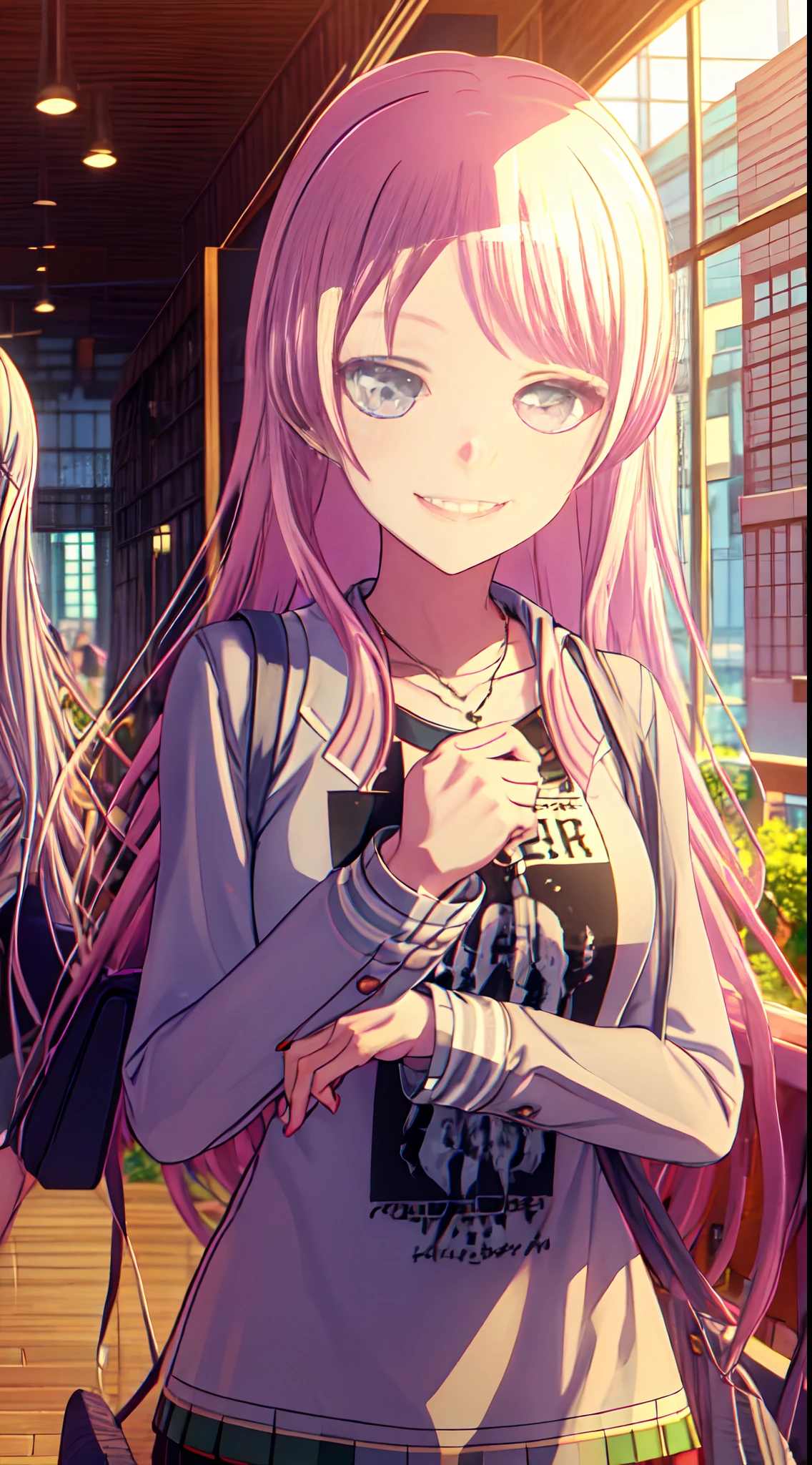 anon_chihaya, bang_dream, solo, long_hair, pink_hair, grey_eyes, open_mount, smiling, winking_eye, t-shirt, background:city, midnight