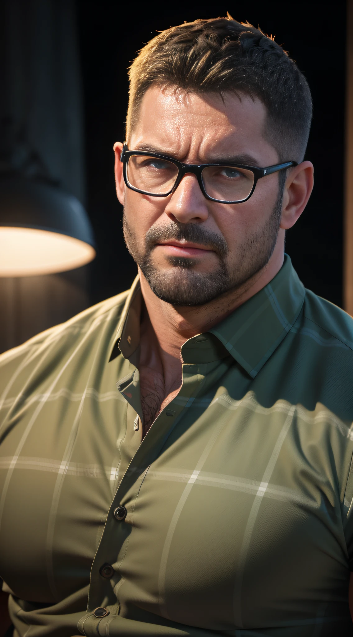 An award-winning original photo，A wild muscular man, (40 years old daddy:1.1), 1boy, Solo, (green plaid shirt), (black trouser), (big shoulders), musculature, stubbles, Short beard, Beautiful eyes:1.3, ), (Detailed face:1.3), wearing glasses, grumpy face, Dynamic Angle, volumetric lighting, (Best quality, A high resolution, Photorealistic), Cinematic lighting, Masterpiece, RAW photo, Intricate details, hdr, depth of field, upper body shot