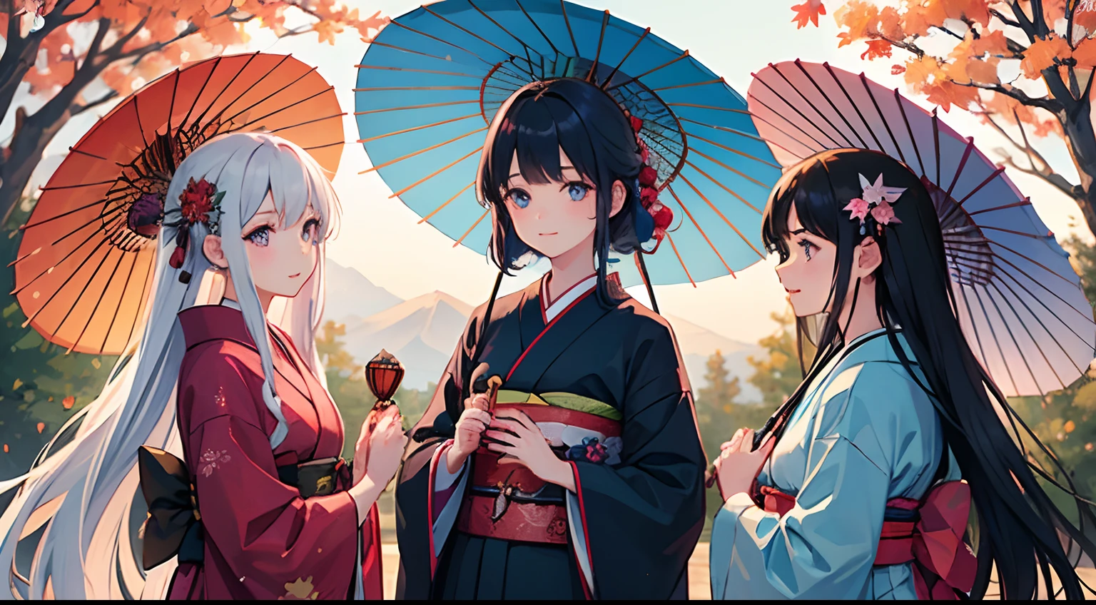 3 girls go to the fuji kawaguchiko autumn festival, wearing kimonos, best quality ,highly detailed, masterpiece, ultra-detailed, one is looking at the falling autumn leaves, the other two are talking, laughing with each other, one a person with iridescent blue eyes, long white hair, holding a traditional Japanese umbrella, a person with blue-violet eyes, long light pink hair tied with a flower-shaped hairpin, a person with harmonious red eyes, shiny black hair, holding a small hand fan. autumn leaves scene, 4k ultra.