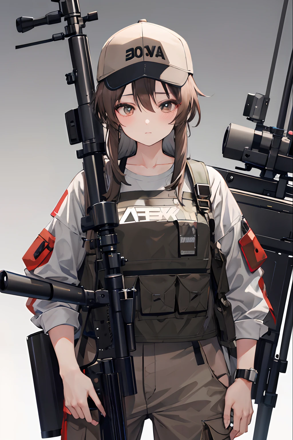 brown and gray girl wearing hot style shirt and pant and wearing cap holding sniper rifle