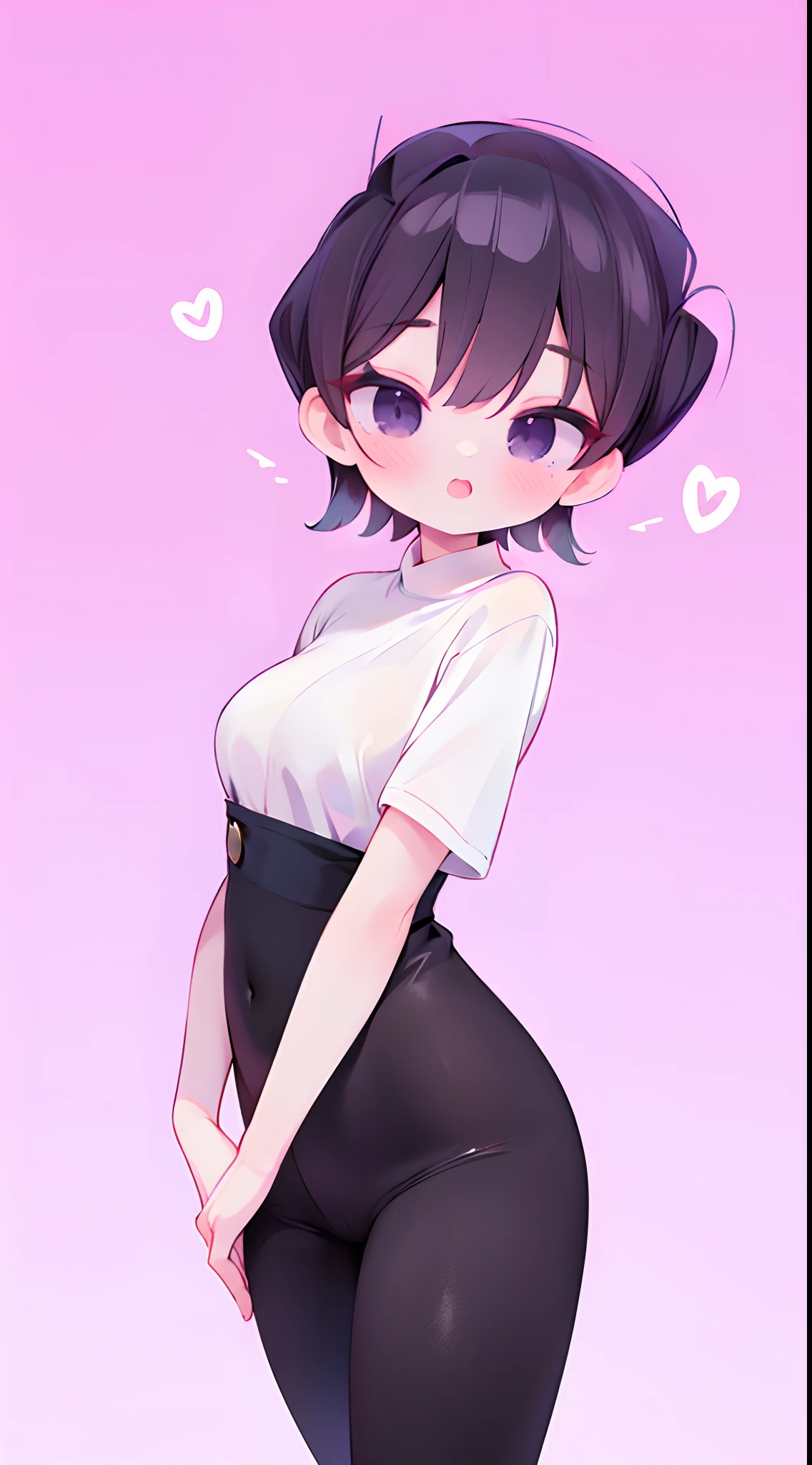 Komi Shuuko,A MILF，D cup，slimfigure，black long dress，skinny pants，long trousers，The shirt，Simetall，Hell Whisperer style,Lots of pink hearts，Love background，Fleshy thighs，highly rendered，detailed face with