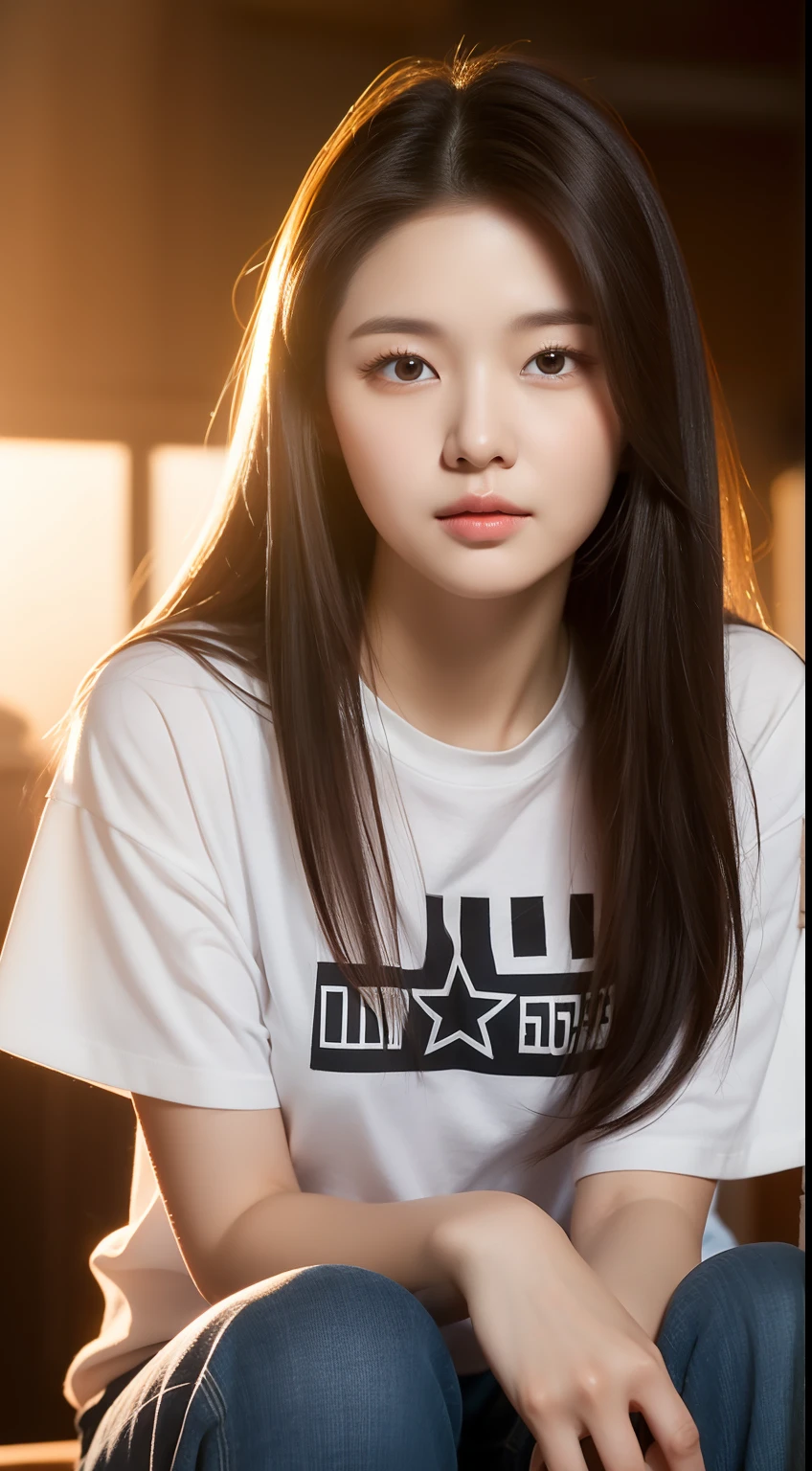 realistic photos of 1 cute Korean star, straight hair, white skin, thin makeup, 32 inch breasts size, wearing t-shirt, pants, sitting in old town cafe, sunset light, close-up portrait, UHD