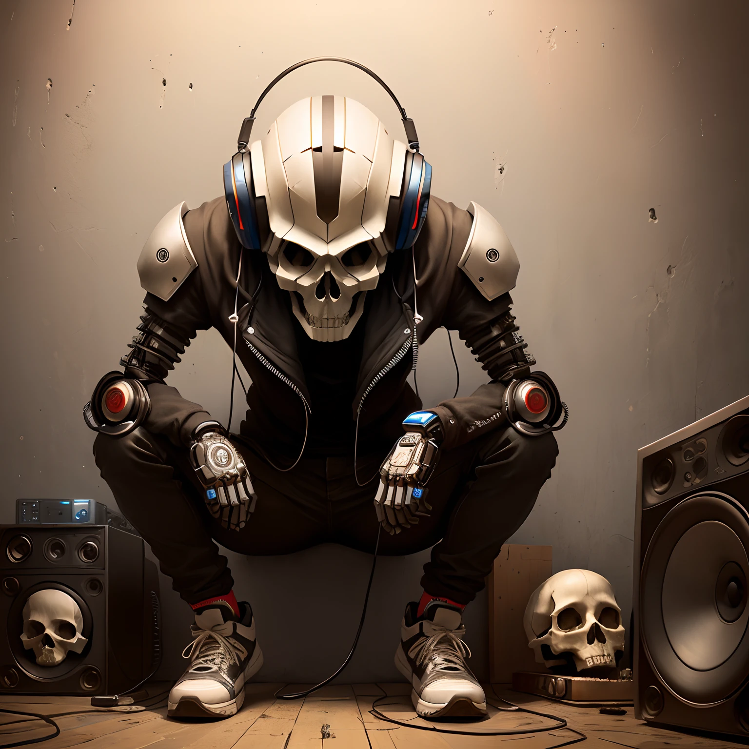 Robotic skull listening to hip hop