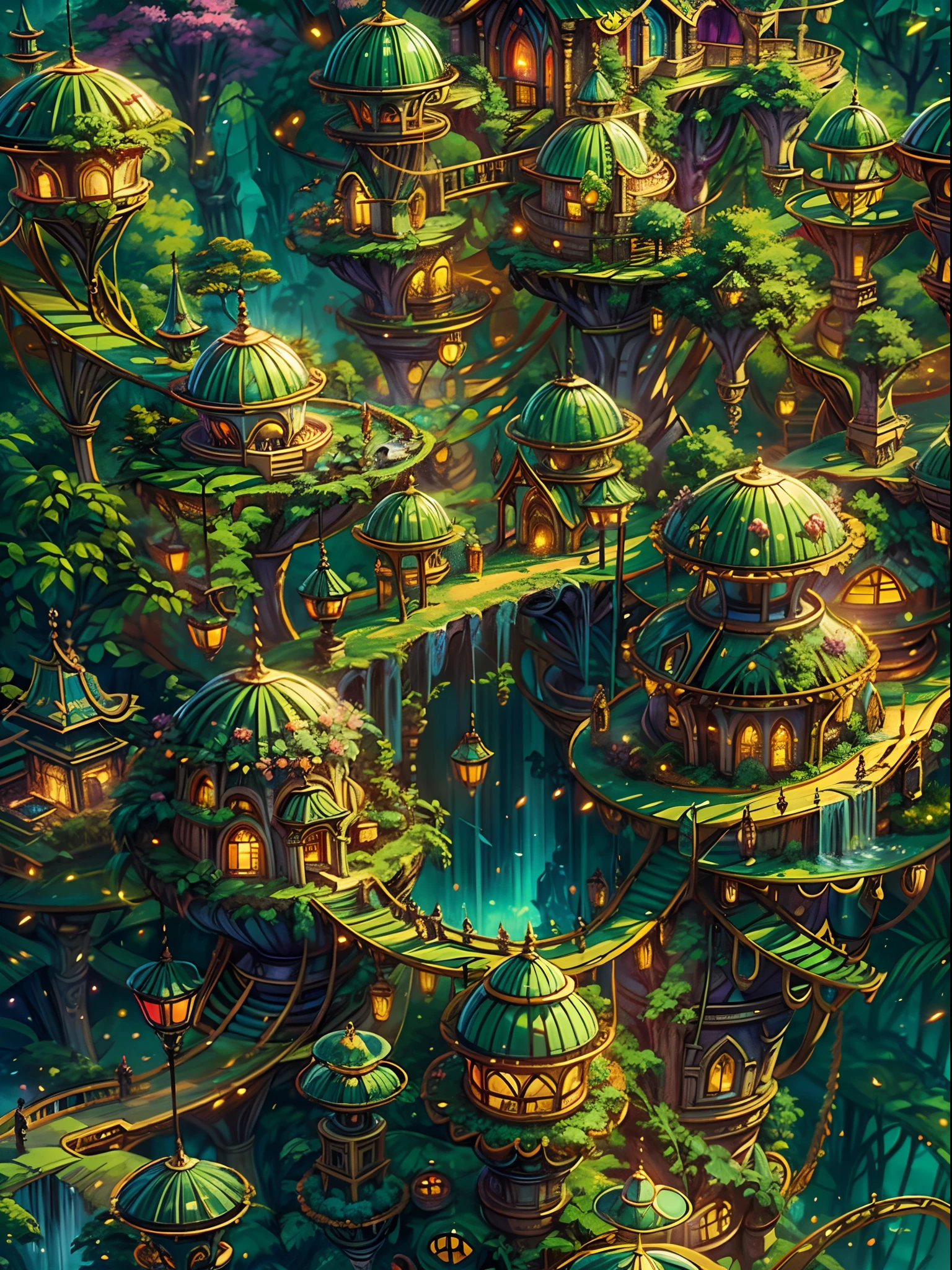 (best quality,ultra-detailed),(fantasy,imaginary) elven city,jungle,wide shot,far shot, aerial view,(magical,enchanted) world tree,tree houses,(natural magic,mystical powers),vibrant colors,(ethereal,otherworldly) lighting