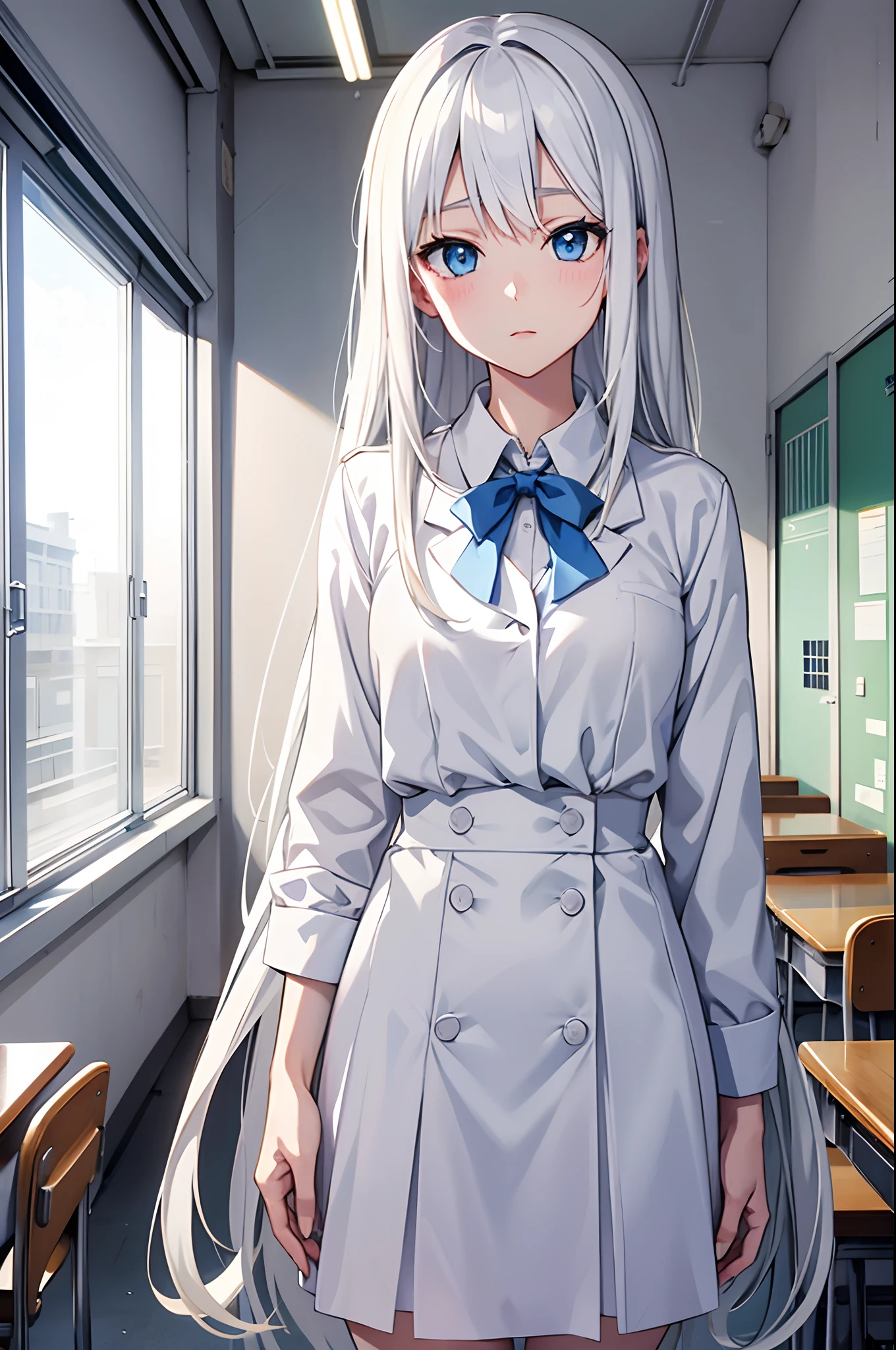 anime, white skin, white hair long, blue eyes, school uniform,classroom