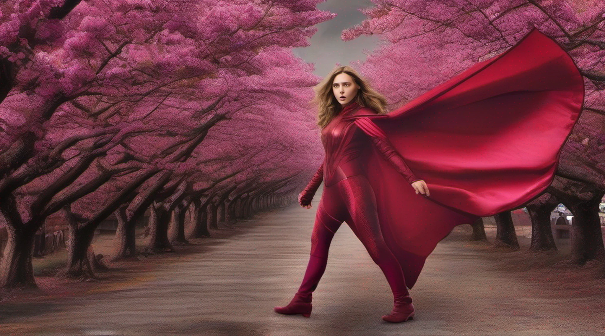 Elizabeth Olsen is Marvel's Scarlet Witch, fisiculturista, super forte, musculoso, com abdominais, vestindo uma malha vermelha sem mangas, pink tights, Red boots and opera gloves, a red cape with a bow around his neck and a helmet framing his face, with the backdrop of a chaotic hell, Lente de 35 mm, fotografia, ultra detalhe, HDR, UHD,8k
