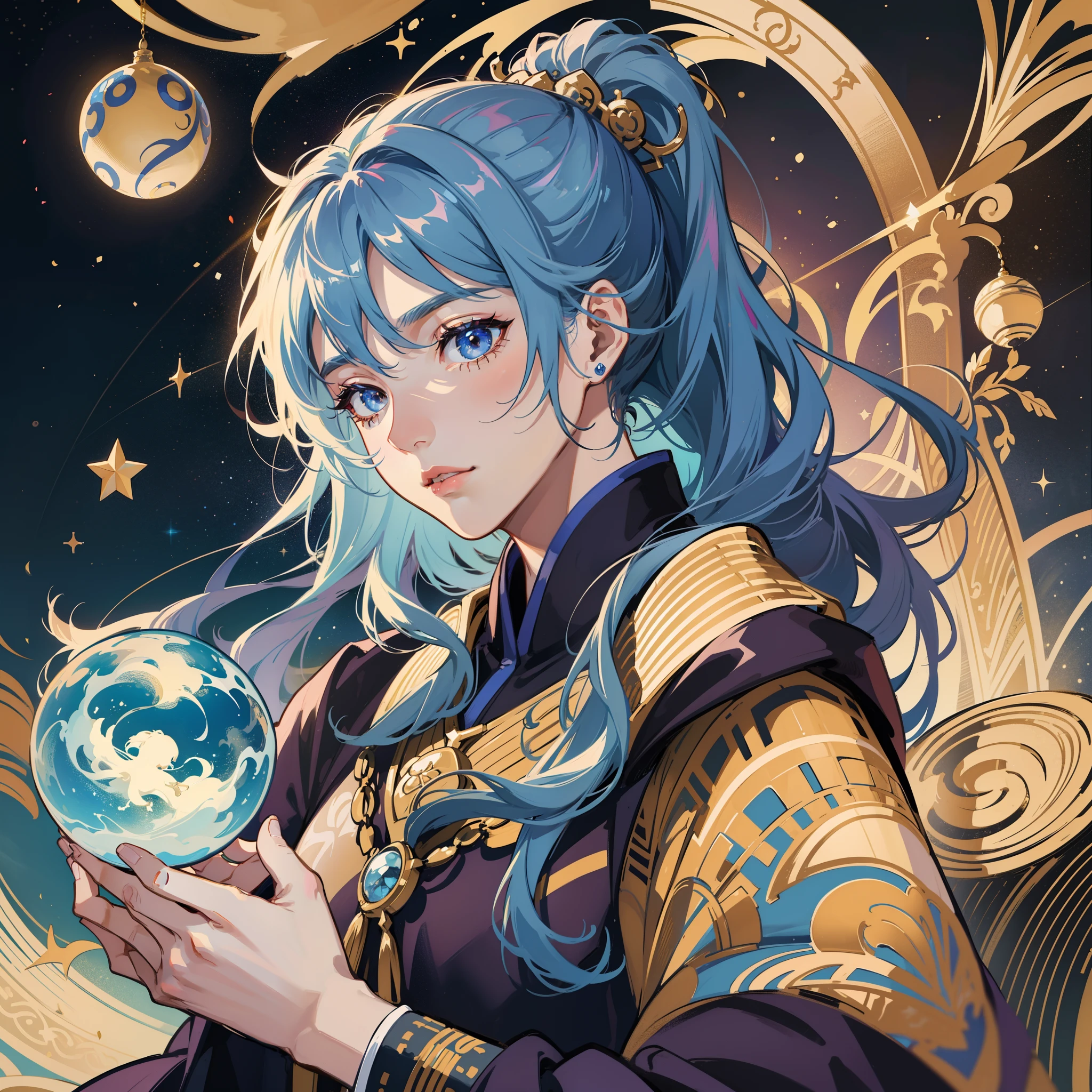 One handsome man、stele々Ornaments of、Space ornaments、Beautiful fece、ren、colourfull、Fantasia、Fantastical、Mixing medieval European aristocratic clothing and kimono、Luxurious costumes、Snuggling up、stele々Shining sky、constellation、Two people floating in the air、Fantastic sky