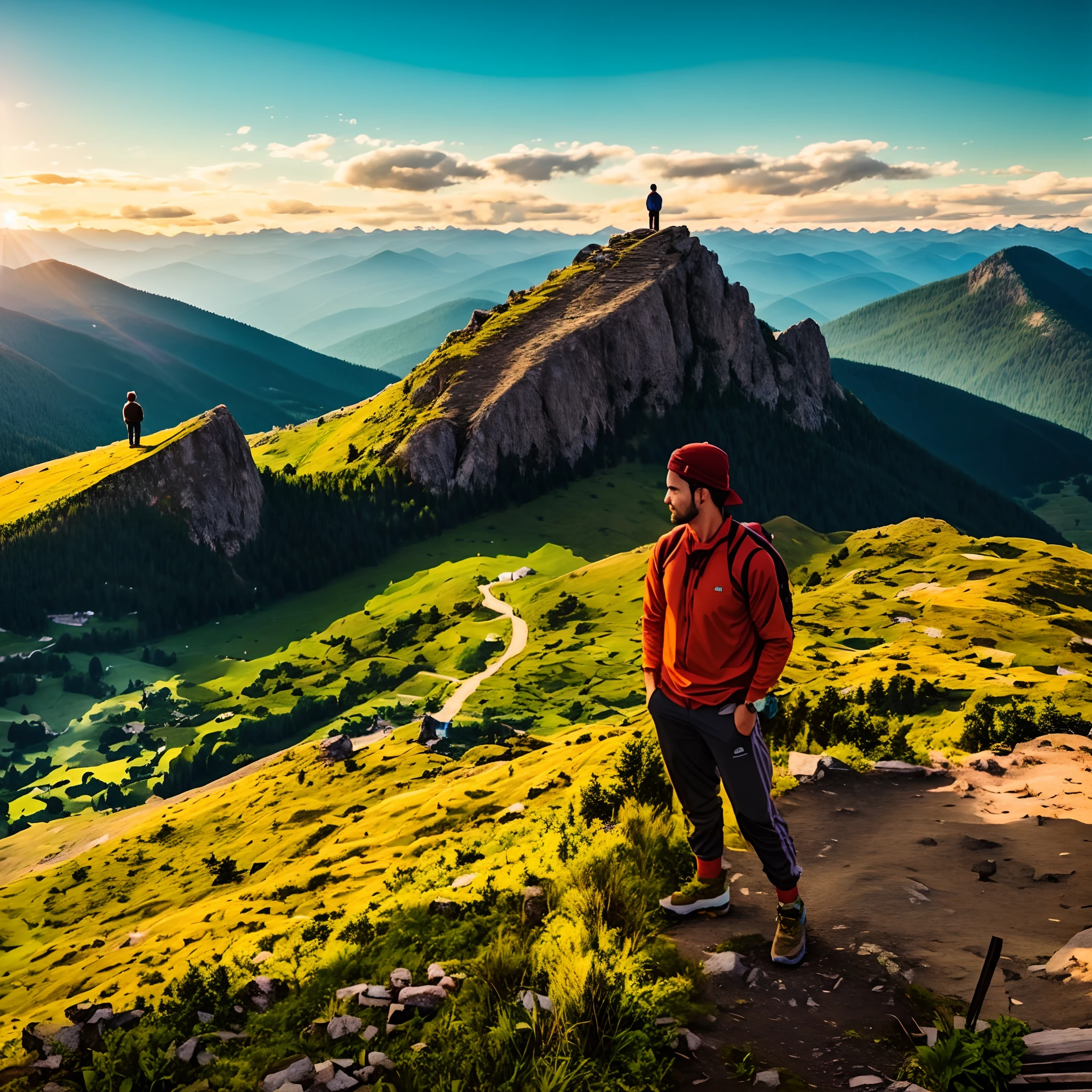 there is a man standing on a mountain trail looking at the valley, in mountains, standing on mountain, amidst nature, on a mountain, standing in front of a mountain, chill time. good view, moutain in background, in the mountains, distant full body view, on top of a mountain, scenary, on the top of a mountain, hills in the background