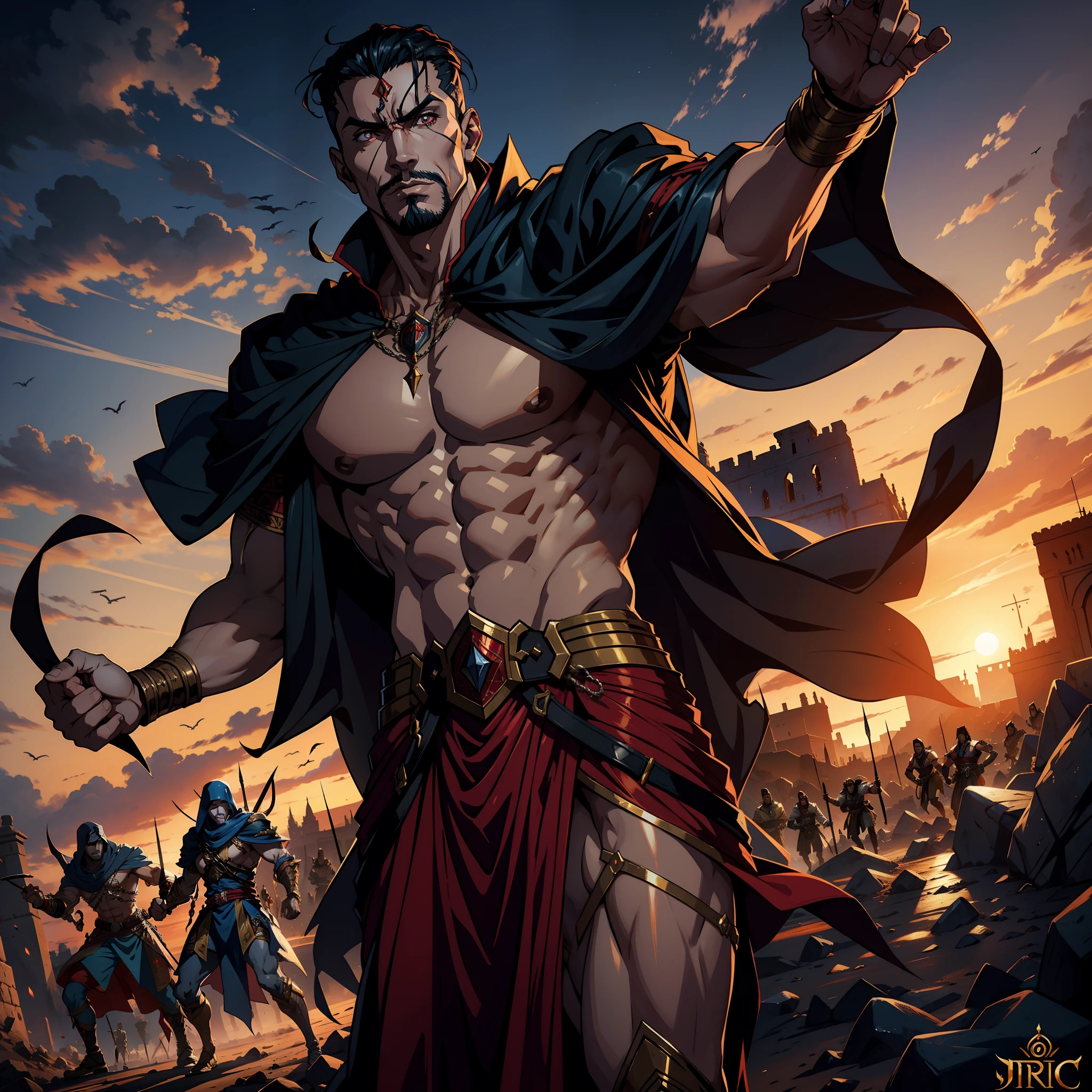 Moroccan lord Dracula muscular leads troops armed with jinn troops to fight sharp details cinematic scenes movie Epic Legendary perspective correct shooting correct proportions correct poses Photorealistic super detailed anatomy many jinn many djins around him