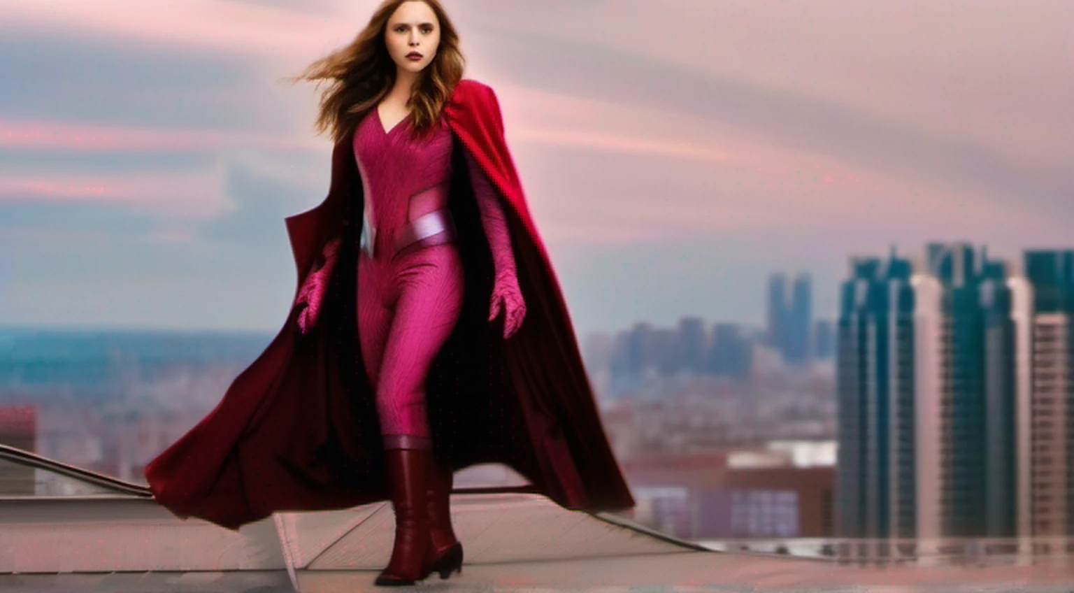 Elizabeth Olsen is Marvel's Scarlet Witch, fisiculturista, super forte, musculoso, com abdominais, vestindo uma malha vermelha sem mangas, pink tights, Red boots and opera gloves, a red cape with a bow around his neck and a helmet framing his face, with the backdrop of a chaotic hell, Lente de 35 mm, fotografia, ultra detalhe, HDR, UHD,8k