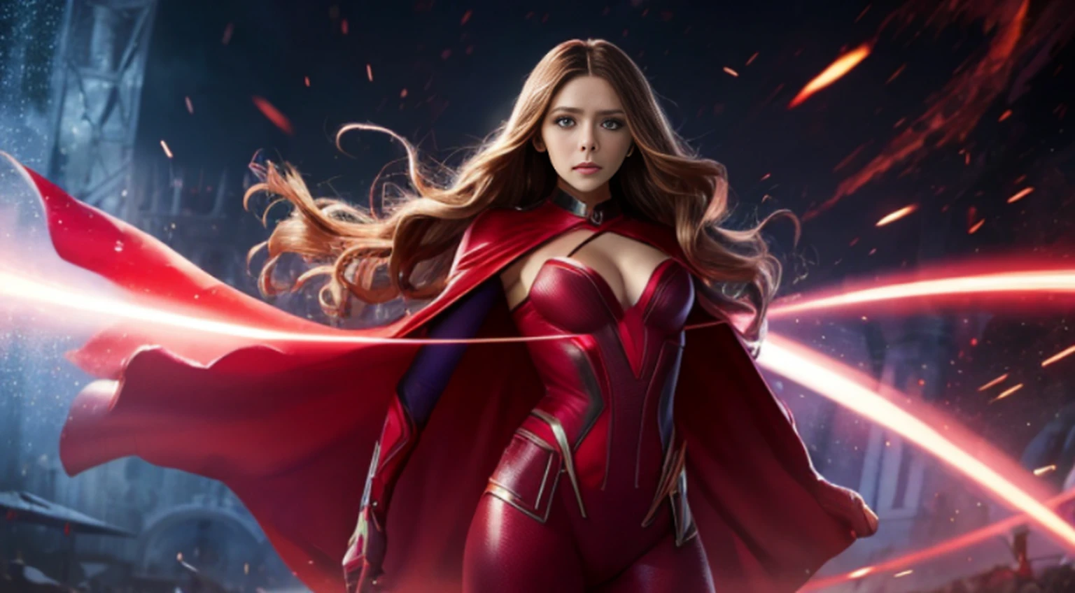 Elizabeth Olsen is Marvel's Scarlet Witch, fisiculturista, super forte, musculoso, com abdominais, vestindo uma malha vermelha sem mangas, pink tights, Red boots and opera gloves, a red cape with a bow around his neck and a helmet framing his face, with the backdrop of a chaotic hell, Lente de 35 mm, fotografia, ultra detalhe, HDR, UHD,8k