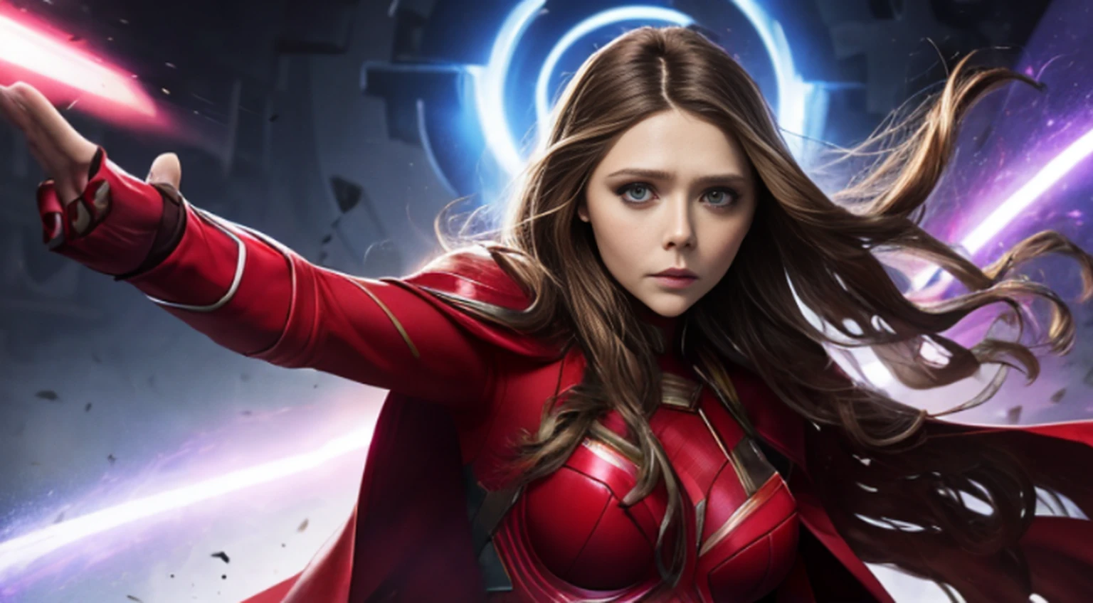 Elizabeth Olsen is Marvel's Scarlet Witch, fisiculturista, super forte, musculoso, com abdominais, vestindo uma malha vermelha sem mangas, pink tights, Red boots and opera gloves, a red cape with a bow around his neck and a helmet framing his face, with the backdrop of a chaotic hell, Lente de 35 mm, fotografia, ultra detalhe, HDR, UHD,8k