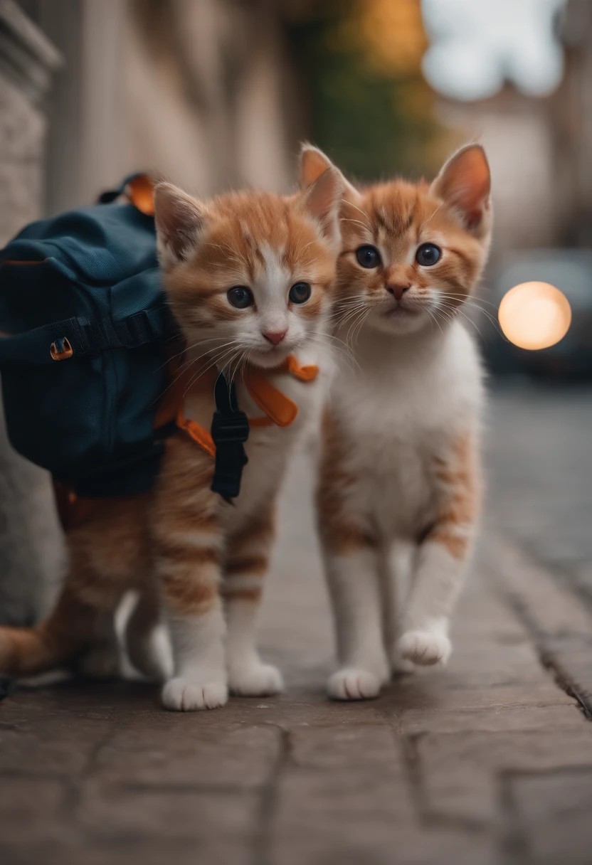 I have two small kittens, a cute little cat, cute kittens, Cutest, Incredibly cute, Adorable and cute, And cute and lovely. They are walking down the street with backpacks, Walking together, commute, Proudly walk down the street, And the cat is walking. They are cute in the style of 🍂 and 🍁, Adorable and cute, Cute and adorable, oh, nice and cute. They are known as real-life Tom and Jerry.