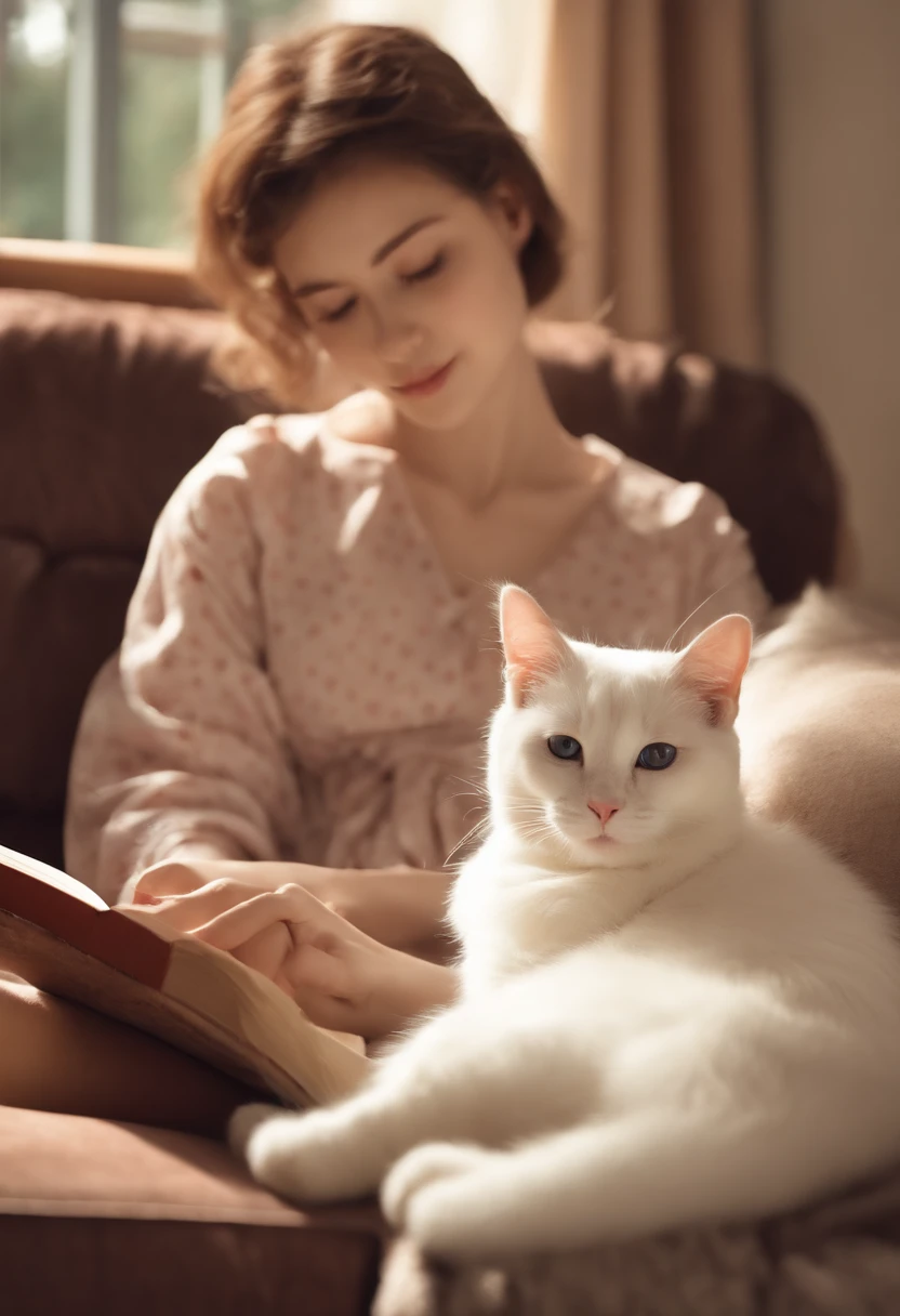 there is a cat on it, a cute little cat, The cutest kitten in history, Very beautiful and cute girl cat, Lewd and excited white cat, a cute little cat, Intelligent cat, an anthro cat, funny cat, cute kittens, And a sad cat. They read books on the couch、Sitting on a chair. They are relaxing after a hard day. They are wearing pajamas.