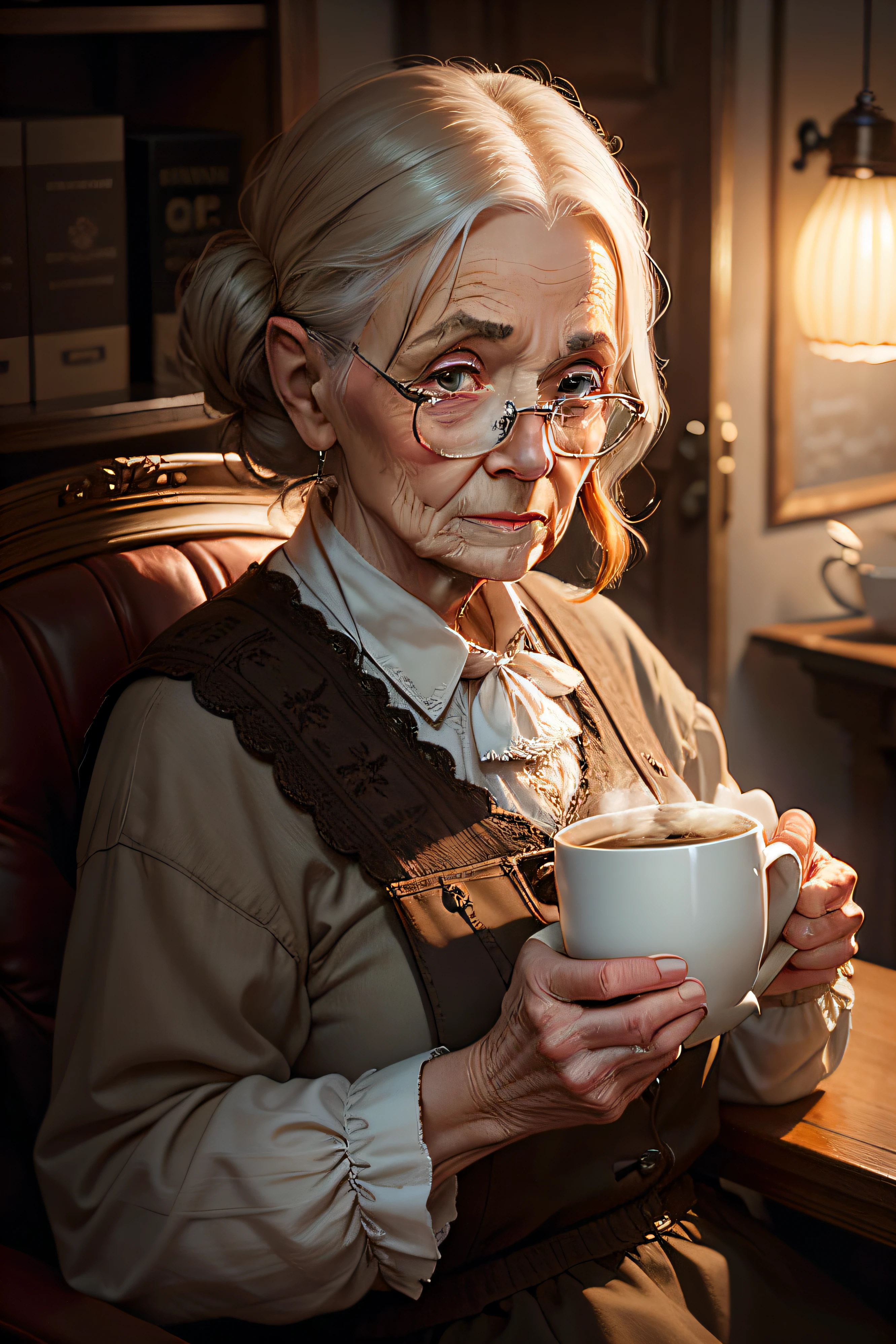 A realistic old woman with coffee cup in hand, studio lighting, by Piotr Drąg