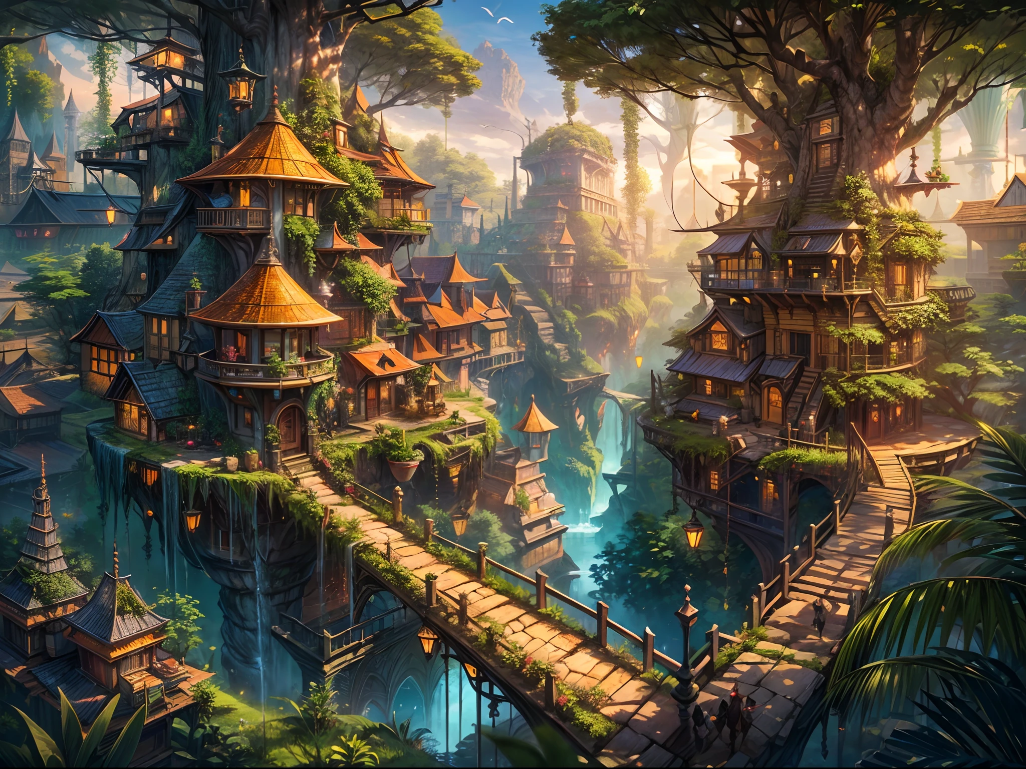 (best quality,ultra-detailed),(fantasy,imaginary) elven city,jungle,wide shot,far shot, aerial view,(magical,enchanted) world tree,tree houses,(natural magic,mystical powers),vibrant colors,(ethereal,otherworldly) lighting