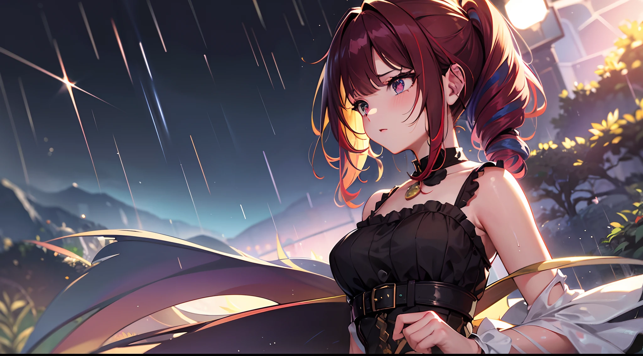 masterpiece, lots of detail, 4k, 8k, ((ultra-detailed)), highres, soft lighting, autumn, rain, wet dress, {green eyes|red eyes|blue eyes|gold eyes}, {very long hair|short hair|curly hair}, {red hair|black hair|blonde hair|multicolored hair|green hair|purple hair}, {twintails|ponytail|loose hair|bob cut|hime cut|tomboy}, {low angle|medium angle|high angle}