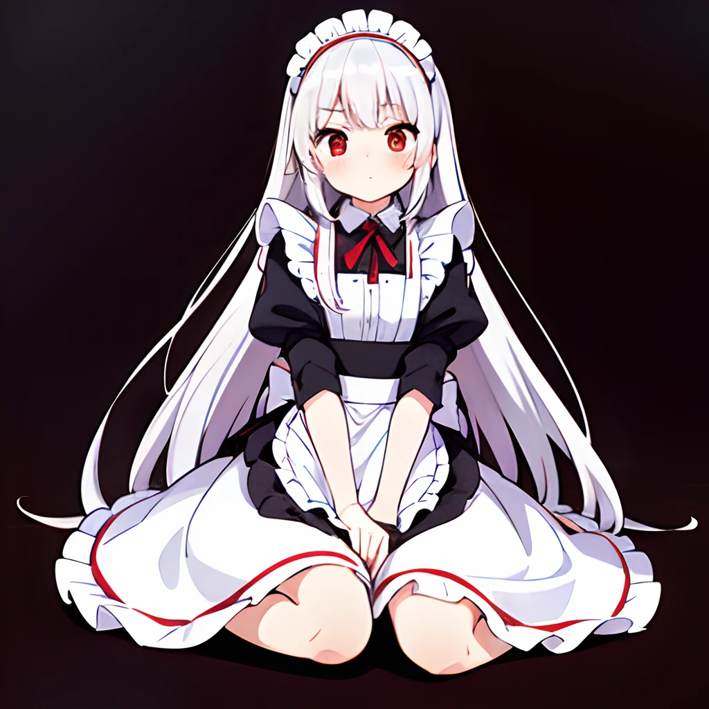 silber hair,Long hair,Red Eyes,girl with,maid clothes,a miniskirt,Facing the front,Solid color background,Top image quality,Embarrassed expression,full body Esbian