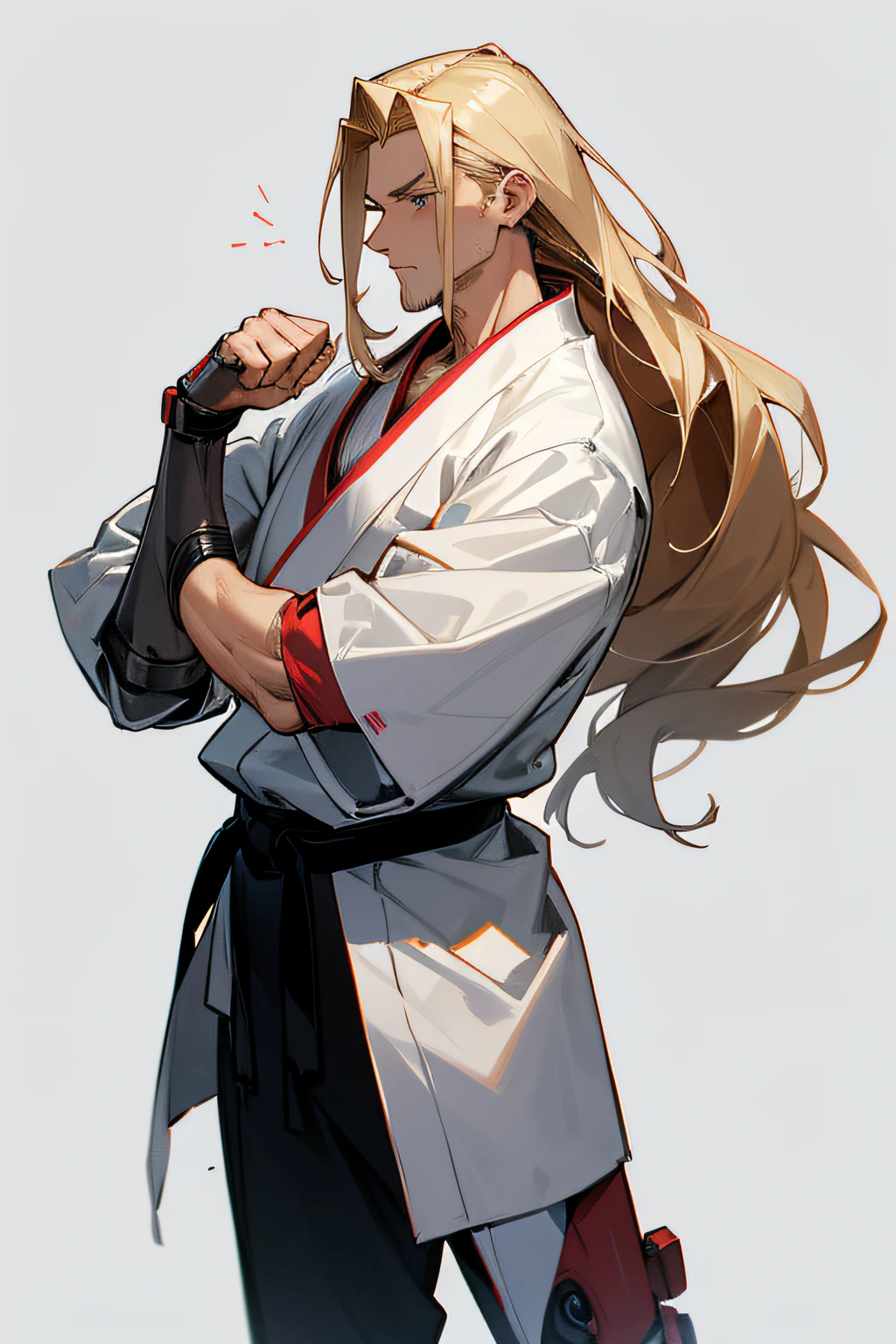 Male, 1 man, middle-aged man, karate, cyborg, cyborg parts: arms, tall body, long blond hair combed back in a messy way, wearing a white karate kimono without many decorations or large details.