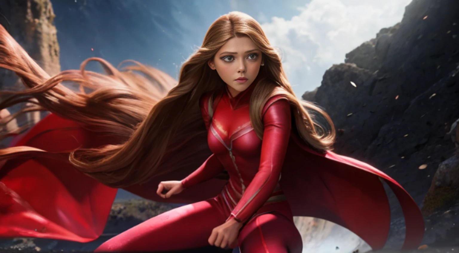 Elizabeth Olsen is Marvel's Scarlet Witch, fisiculturista, super forte, musculoso, com abdominais, vestindo uma malha vermelha sem mangas, pink tights, Red boots and opera gloves, a red cape with a bow around his neck and a helmet framing his face, with the backdrop of a chaotic hell, Lente de 35 mm, fotografia, ultra detalhe, HDR, UHD,8k