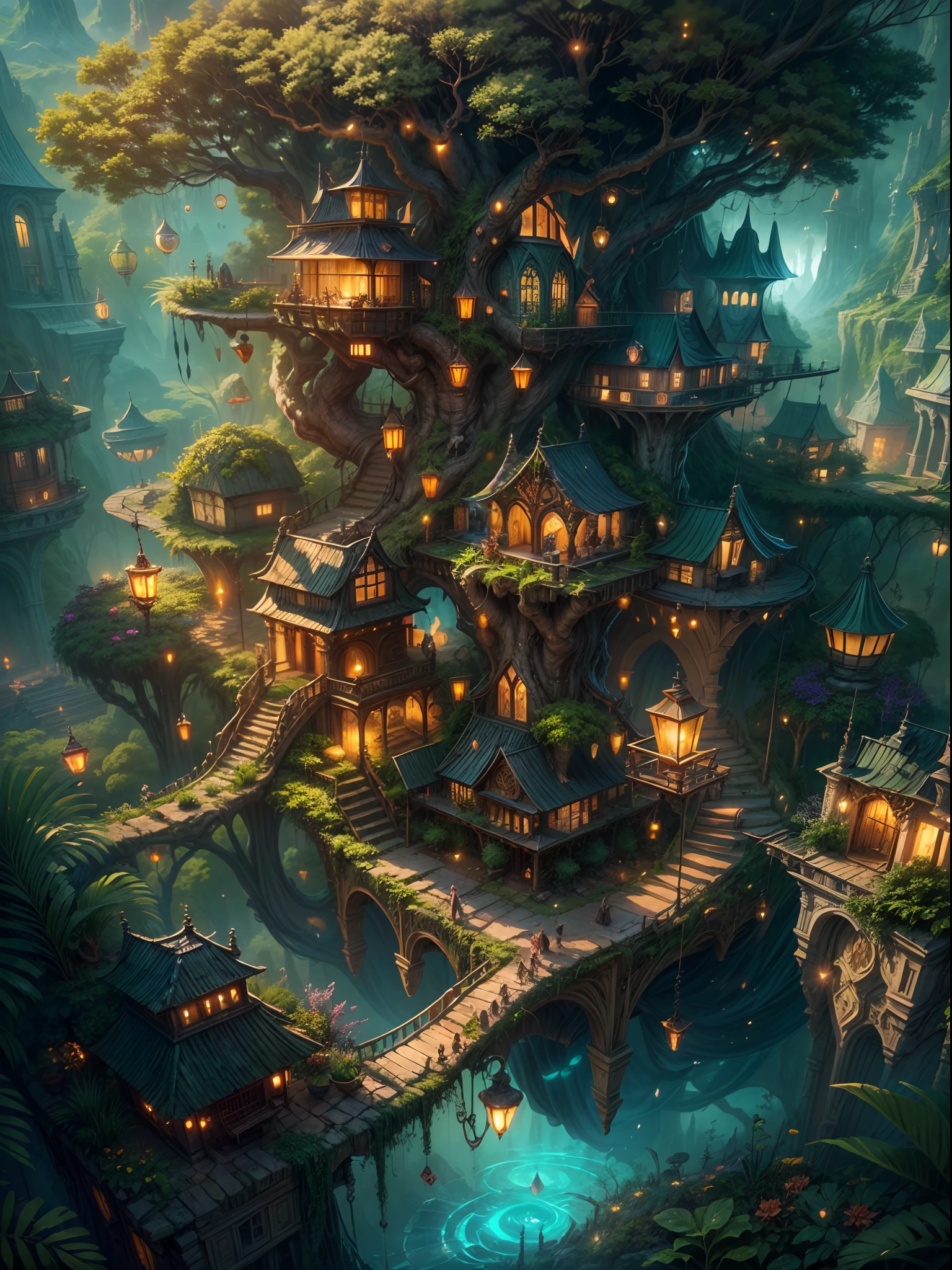 (best quality,ultra-detailed),(fantasy,imaginary) elven city,jungle,wide shot,far shot, aerial view,(magical,enchanted) world tree,tree houses,(natural magic,mystical powers),vibrant colors,(ethereal,otherworldly) lighting