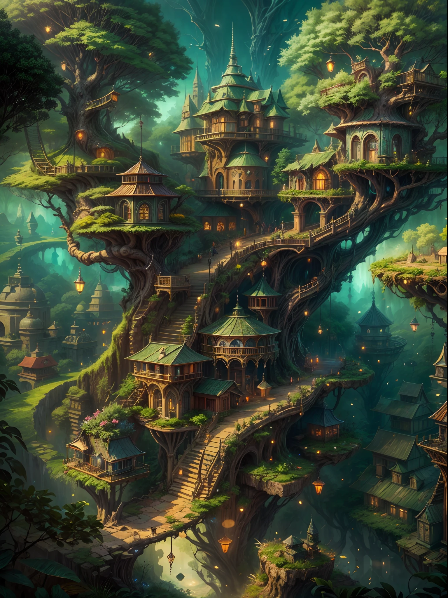 (best quality,ultra-detailed),(fantasy,imaginary) elven city,jungle,wide shot,far shot, aerial view,(magical,enchanted) world tree,tree houses,(natural magic,mystical powers),vibrant colors,(ethereal,otherworldly) lighting