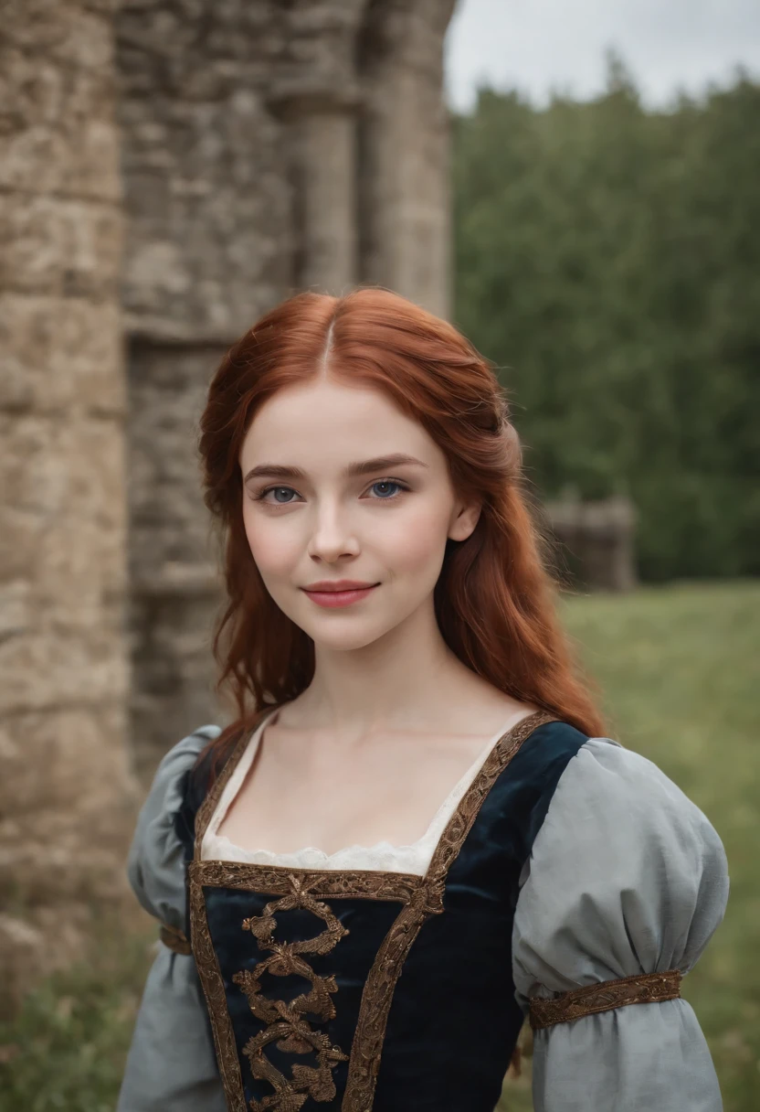 2 Twin girl,15 year old,red hair,full body, hand in hand,look to camera,smile medival,princess,realistic,hd,((8k quality)),castle,blur background,full color