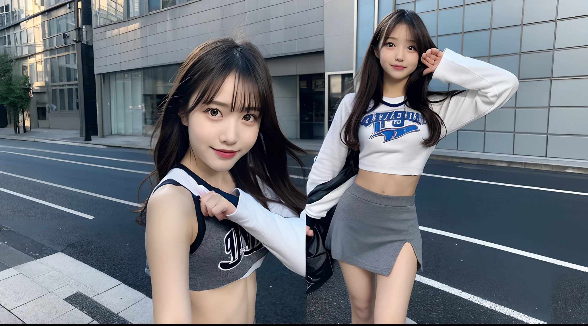 18-year-old cheergirl in gray miniskirt