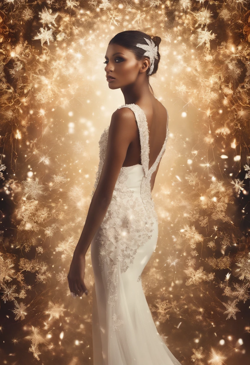 fashion show photo，((fully body photo))，Gisele Bundchen,Black model with freckles and bald head，Supermodel,（Chanel style clothing），pearls necklace，Beautiful high heels，opulent，Flowing trousers，inside in room：Catwalk scene，(Snowflakes in the background,Mare,，As estrelas),Long-range shooting, Photo texture.eCreate this image
