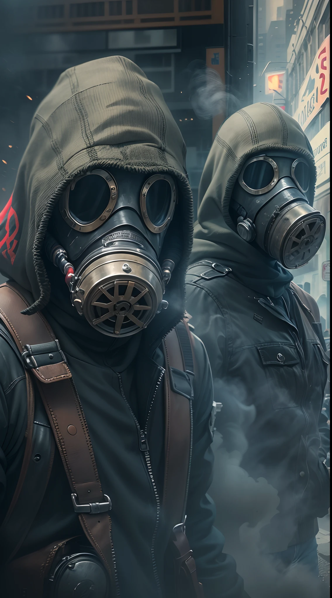 (Best Quality,4k,8K,hight resolution,Masterpiece:1.2),Ultra-detailed,Realistic,Photorealistic:1.37),mutinous,masked,rebel,Latex gas mask,commotion,A dangerous uprising,Rebellious hairstyle,disobedience,warrior,doodles,CityView,worn clothing,protest,anarchy,gritty texture,Revolutions,street art,Smoky Streets,bokeh,moody lighting,Street lamps,Fiery Sky,ominous vibe,Vivid colors,dystopia,lost,Social unrest,Political upheaval,Frowned upon,File an objection,Masked Rebellion,Urban decay,A defiant look,Resistance in masks,Tough stance.