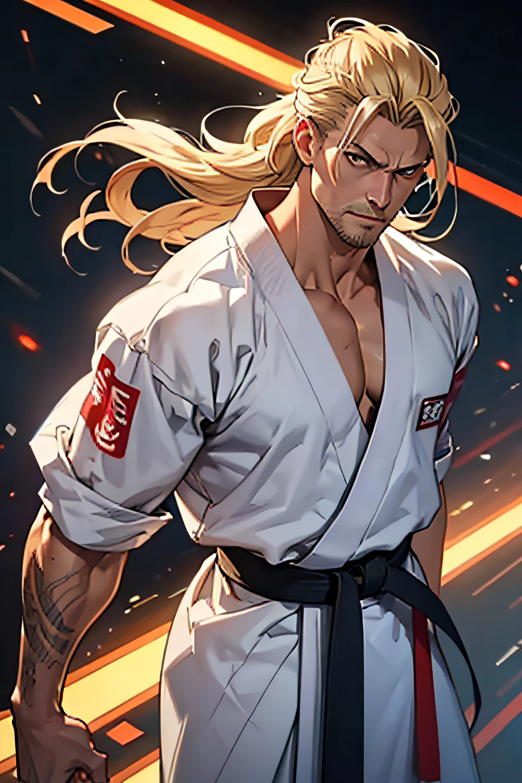 Male, 1 man, middle-aged man, karate, cyborg, cyborg parts: arms, tall body, long blond hair combed back in a messy way, wearing a white karate kimono without many decorations or large details.